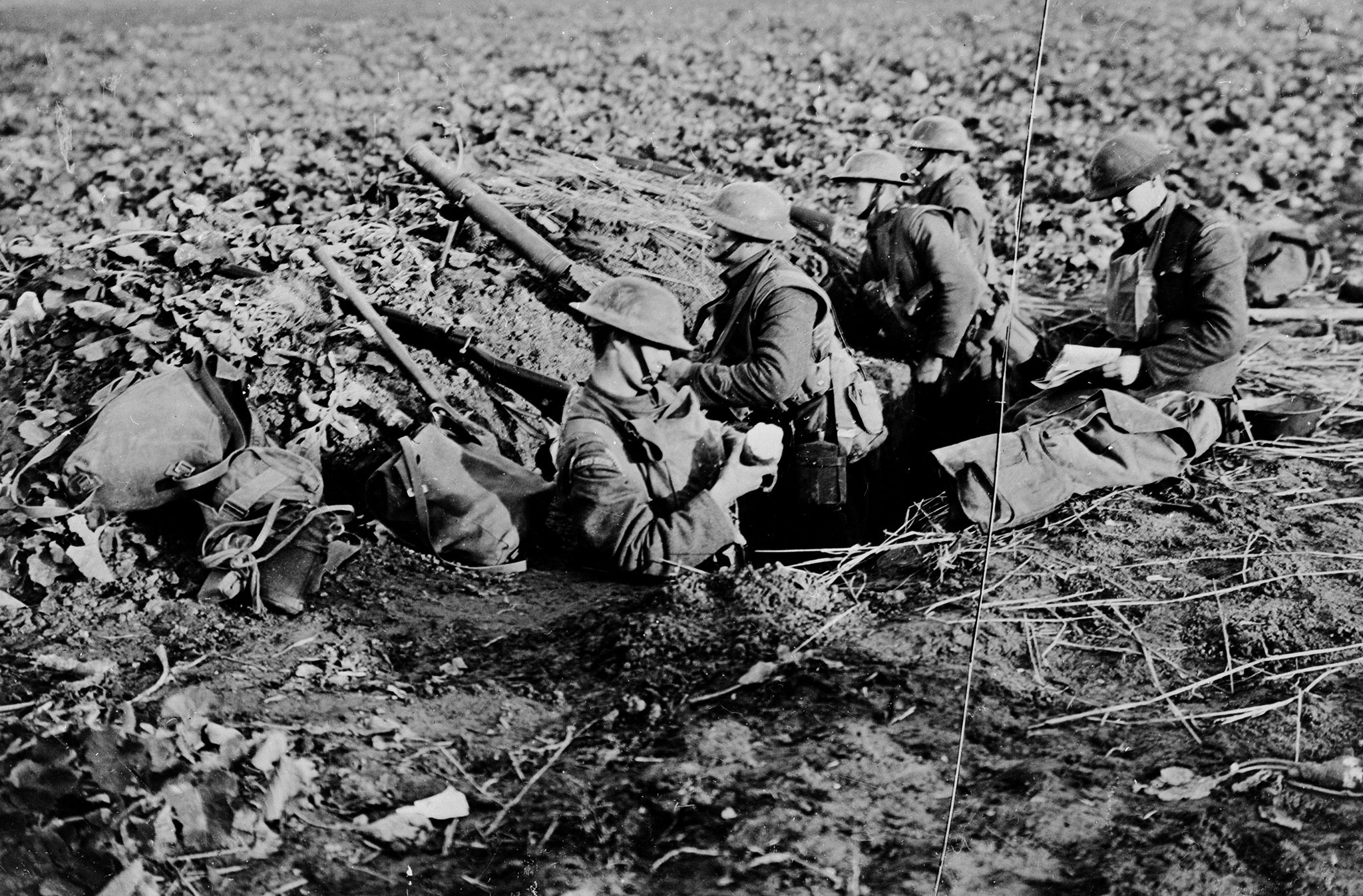 Irish guardsmen stand at their post near Maubeuge five minutes before the armistice was signed