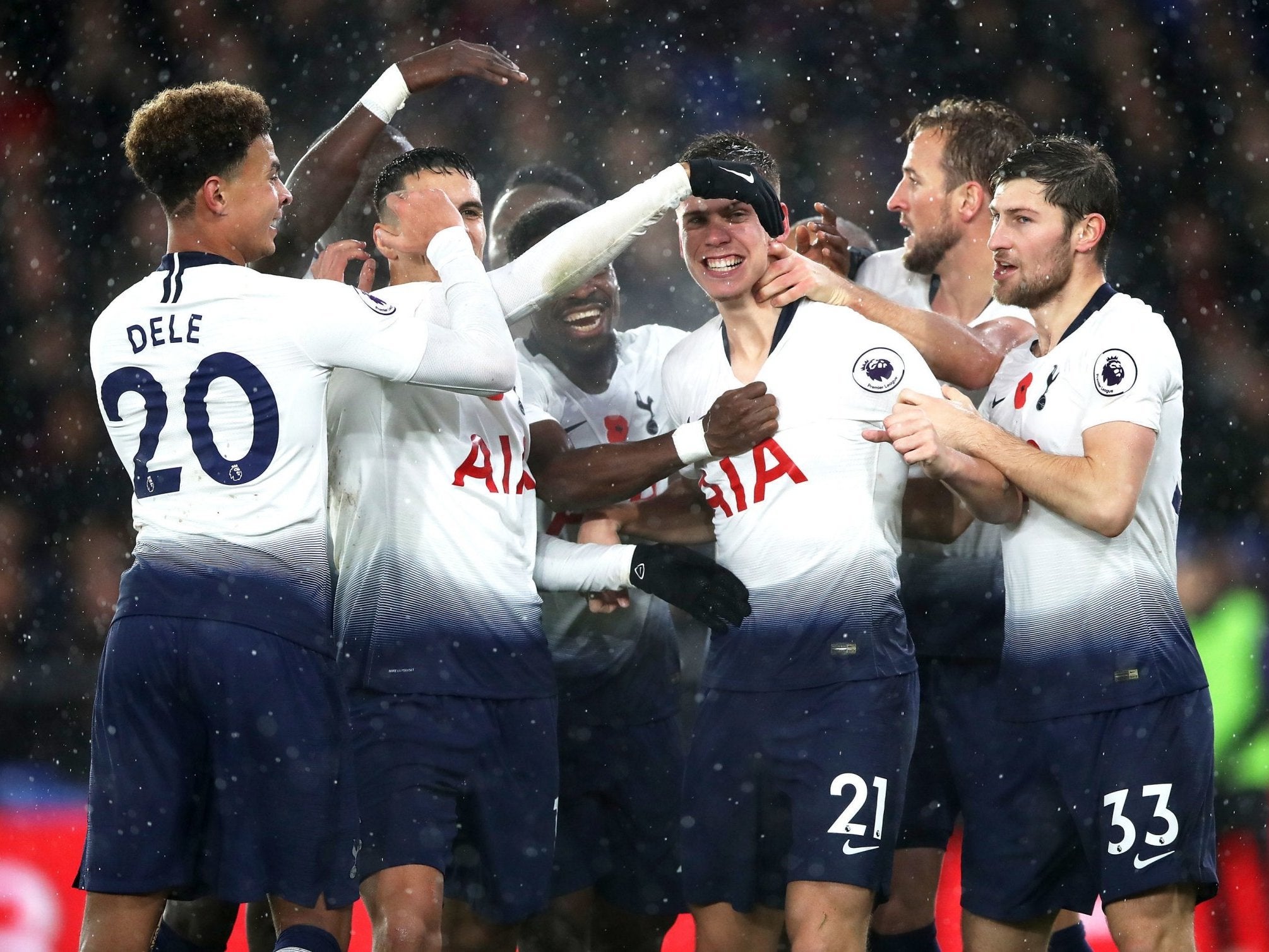 &#13;
The Tottenham team celebrated with the young defender &#13;