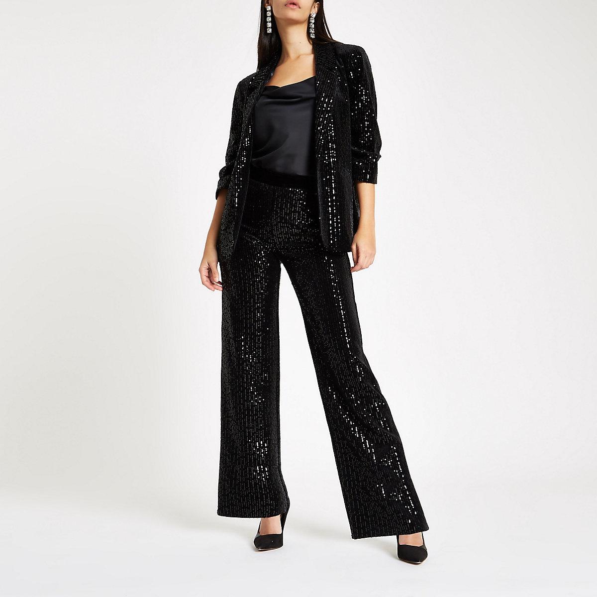 Black sequin stripe open front blazer, £60, and black velvet sequin wide leg trousers, £48