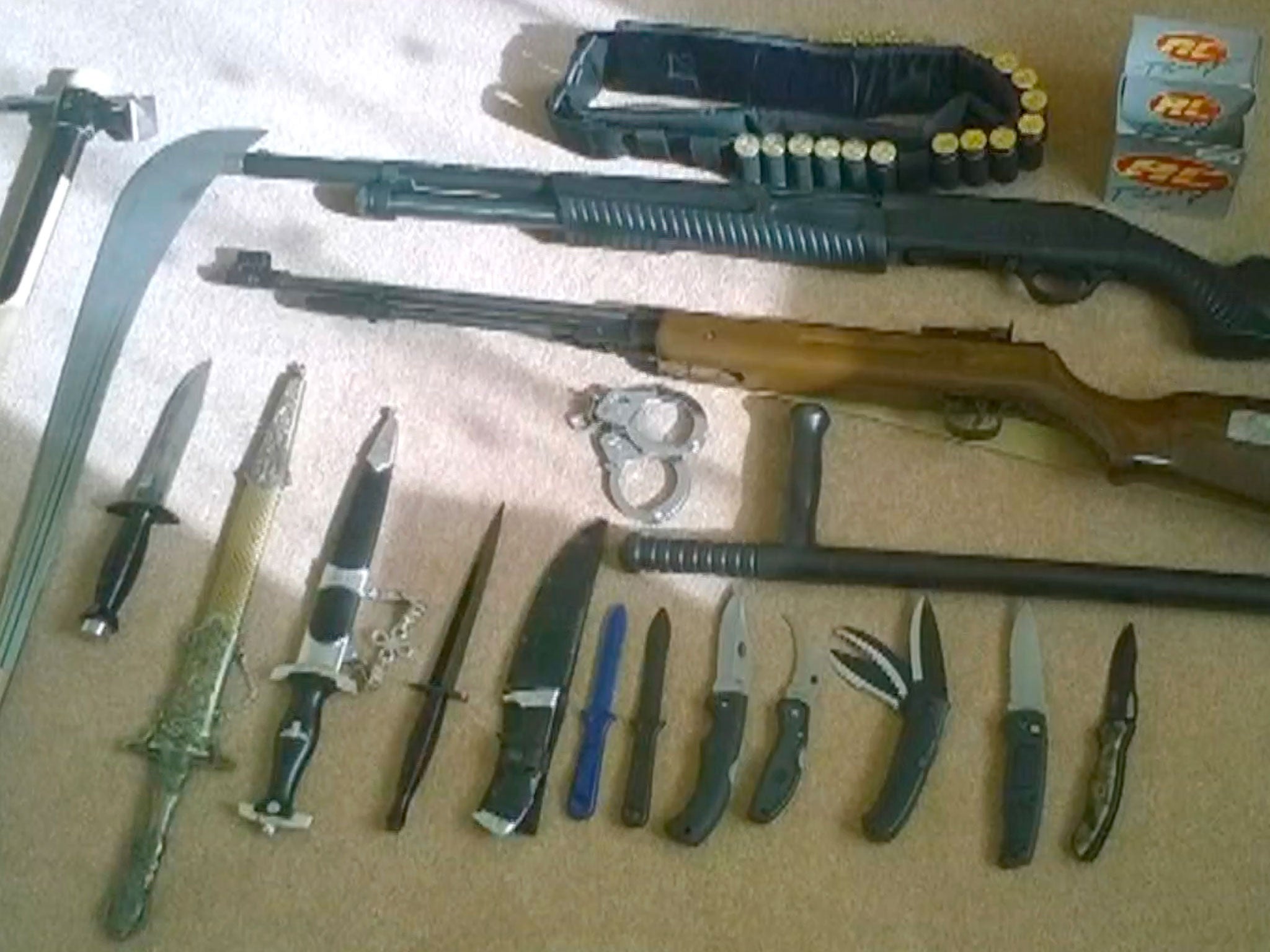 A stockpile of weapons discovered at Mikko Vehvilainen's home at Sennybridge Camp, Brecon, Powys, in September 2017