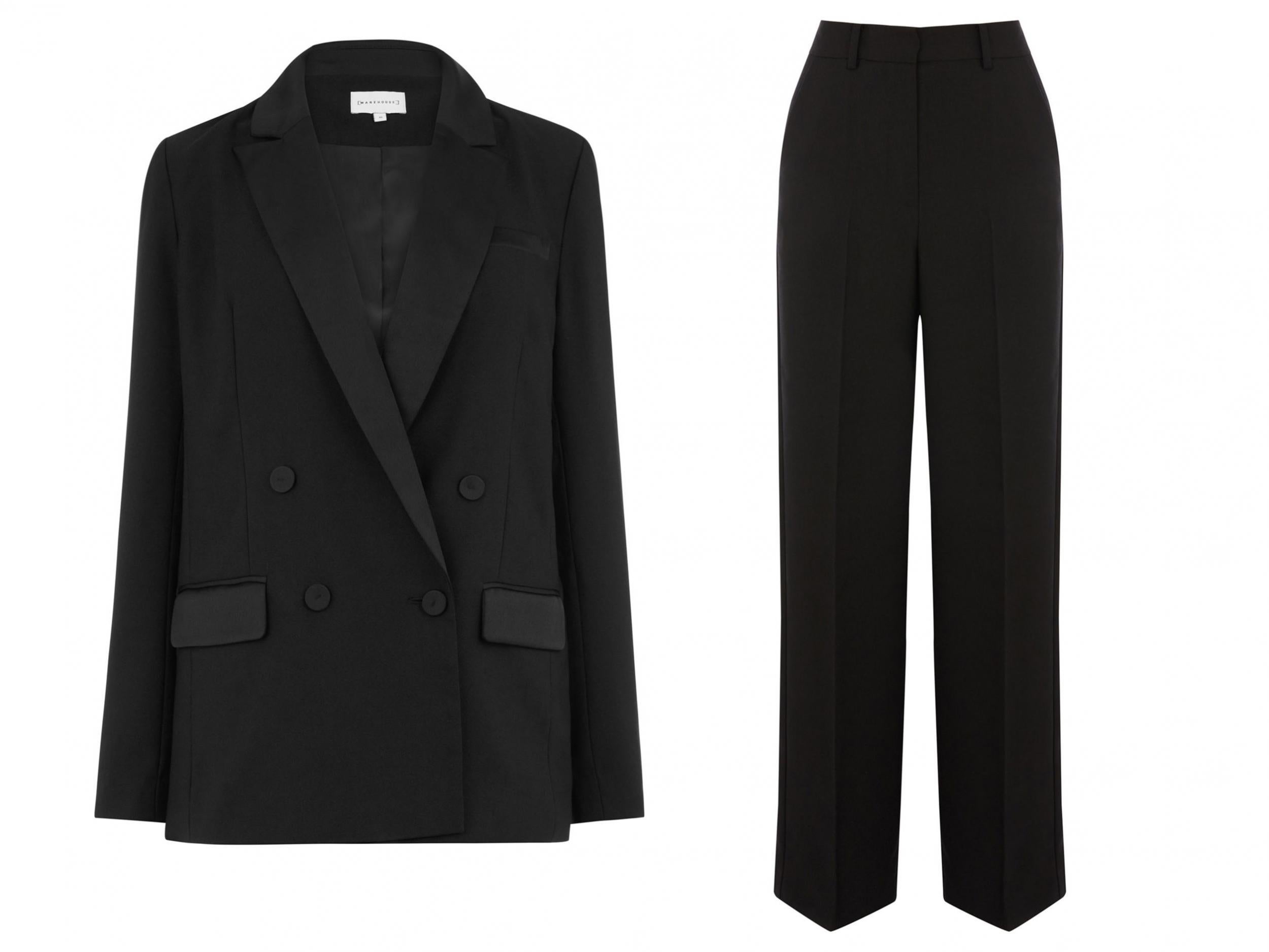 Tuxedo blazer jacket, £59, and wide leg trouser, £42, Warehouse