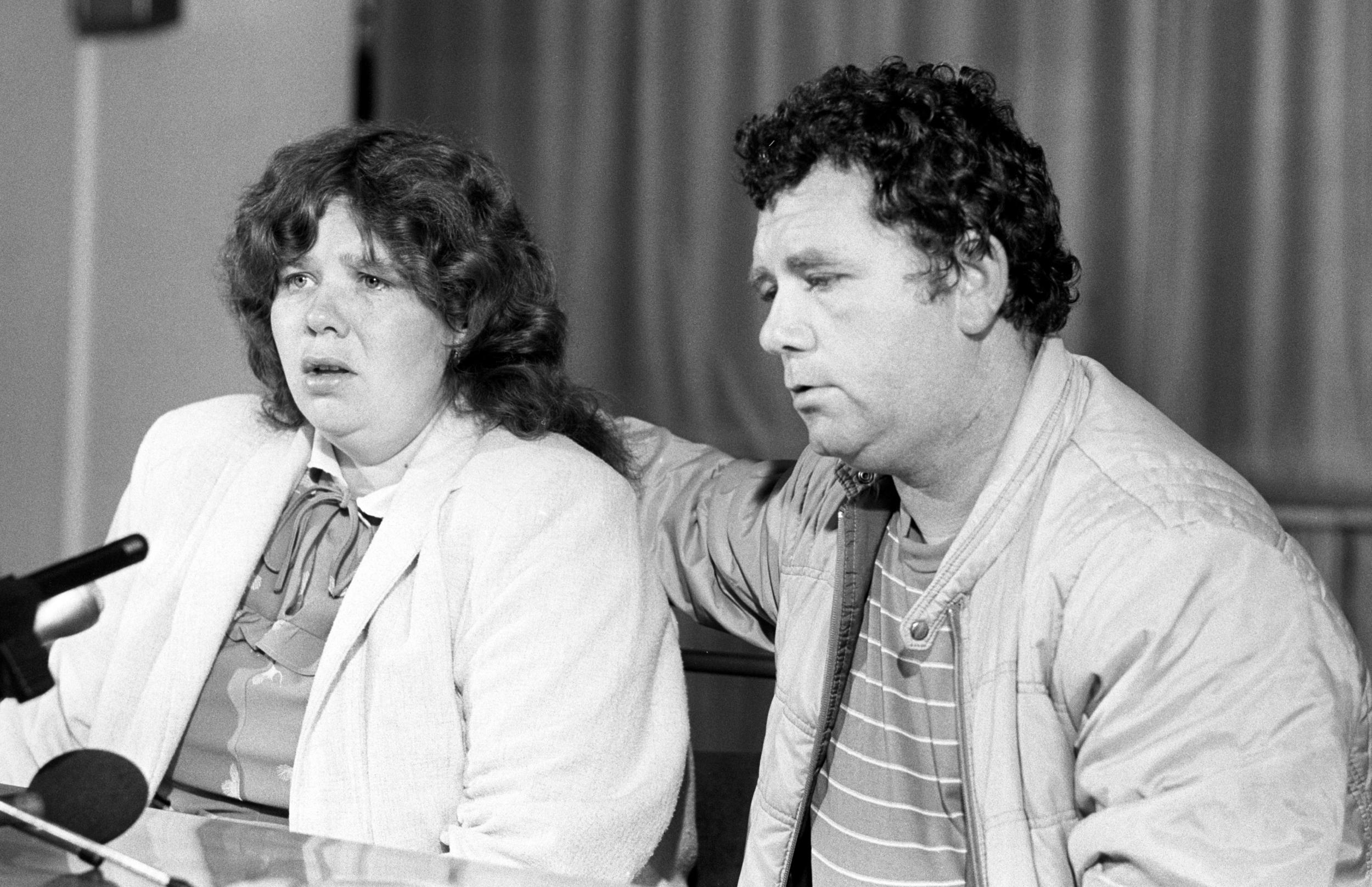 Karen’s parents Michelle and Lee Hadaway at a press conference after the bodies were discovered