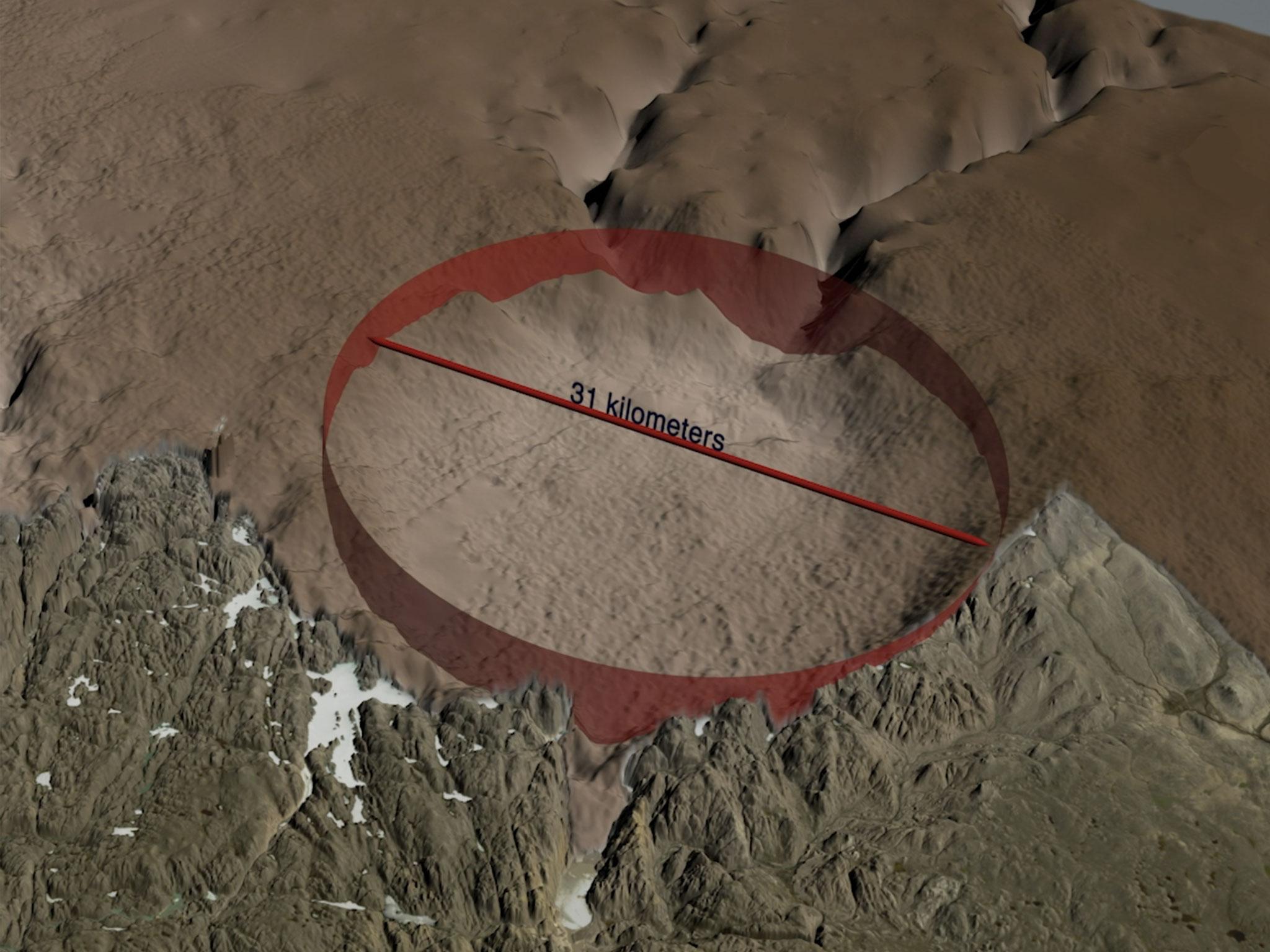 Map of the bedrock topography beneath the ice sheet and the ice-free land surrounding the Hiawatha impact crater