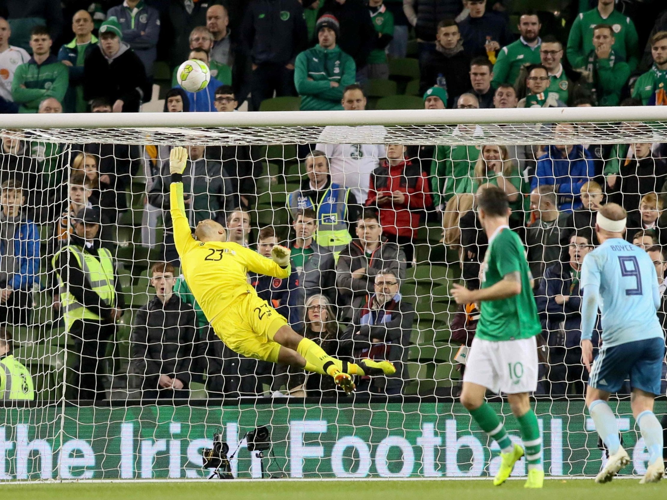 Darren Randolph tips the ball over the bar after a shot from the visitors