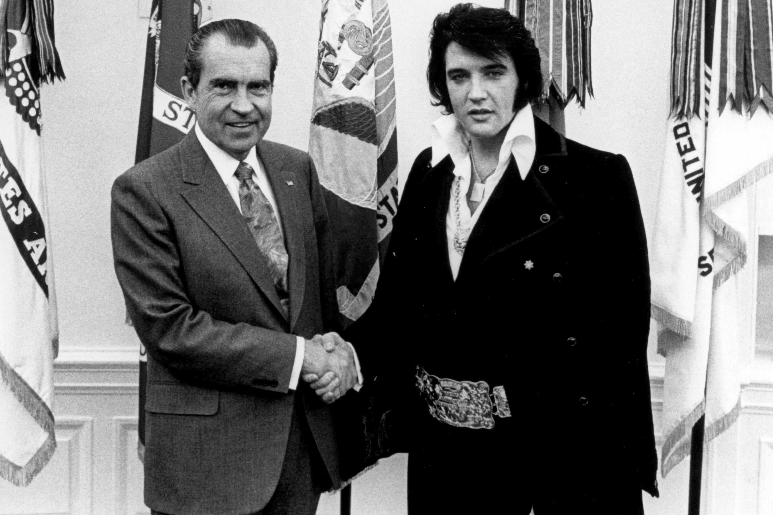 President Nixon meets with Elvis Presley at the White House, 21 December 1970 (National Archives)