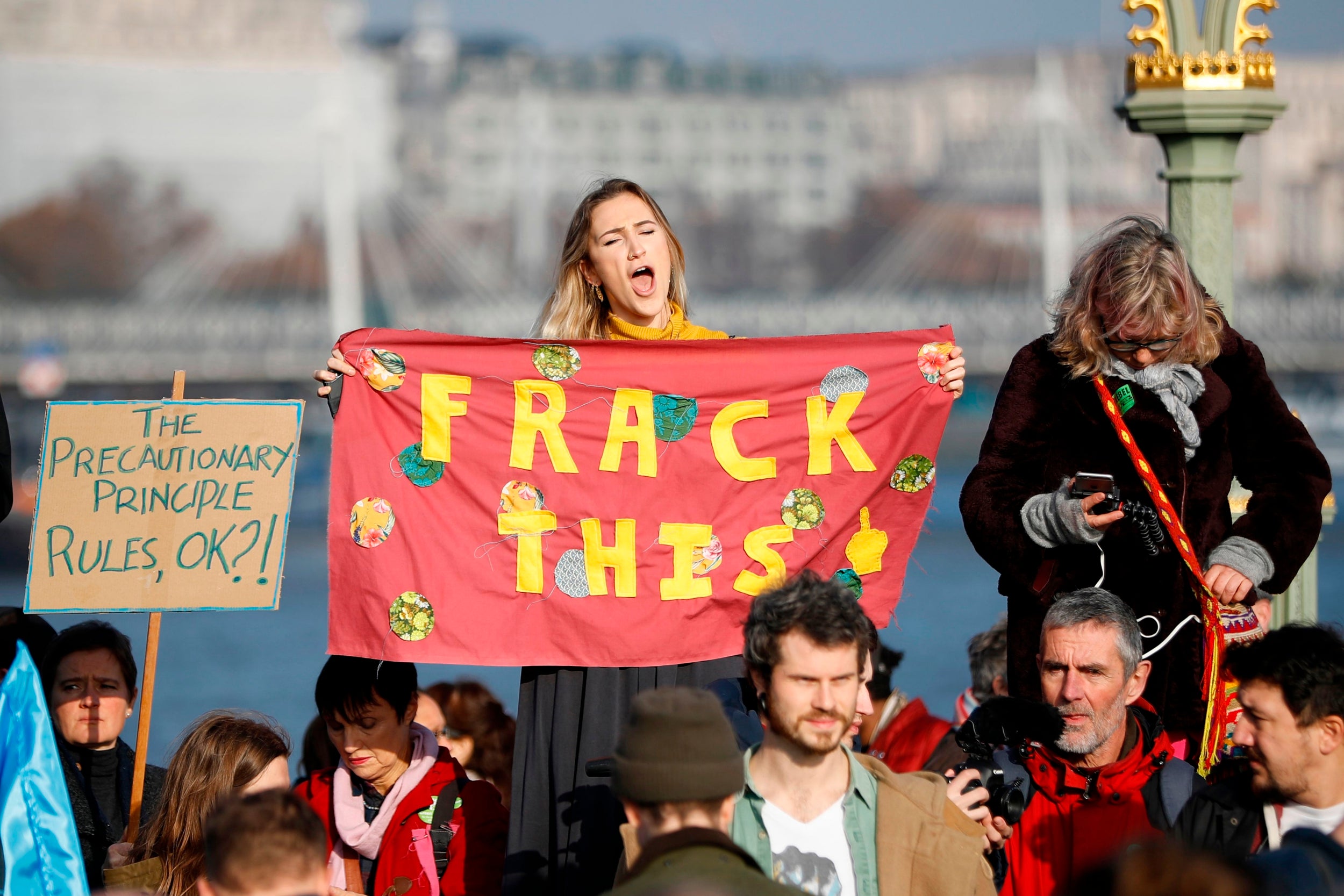 Demonstrators block Westminster Bridge in central London to show anger at government inaction on climate and ecological issues