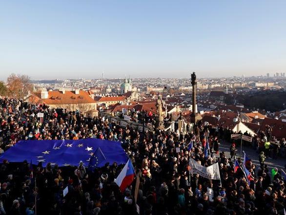 Demonstrators march while demanding resignation of Czech Prime Minister Andrej Babis in Prague,