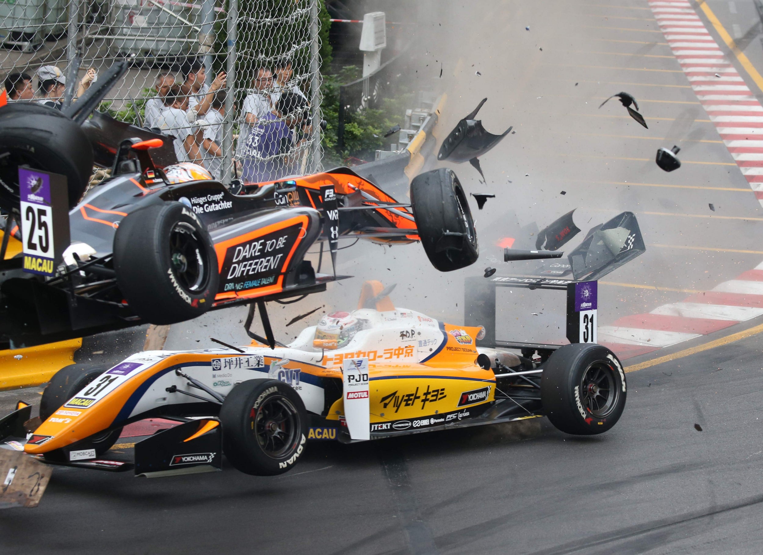 Floersch's car launched off Sho Tsuboi's and into the stands (AFP/Getty Images)