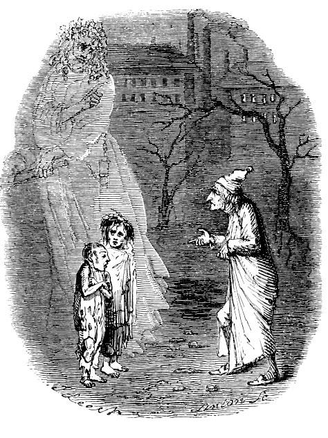 The Ghost of Christmas Present showing Scrooge the children Ignorance and Want