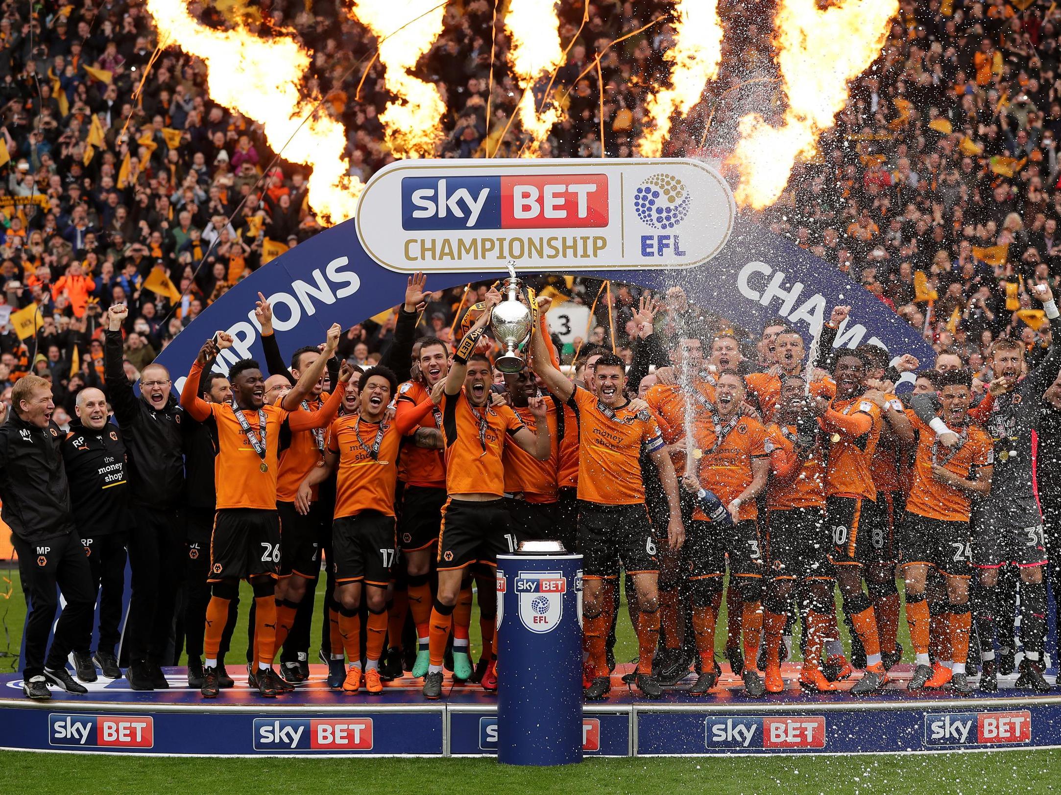 Wolverhampton Wanderers celebrate winning the 2017/18 Sky Bet Championship