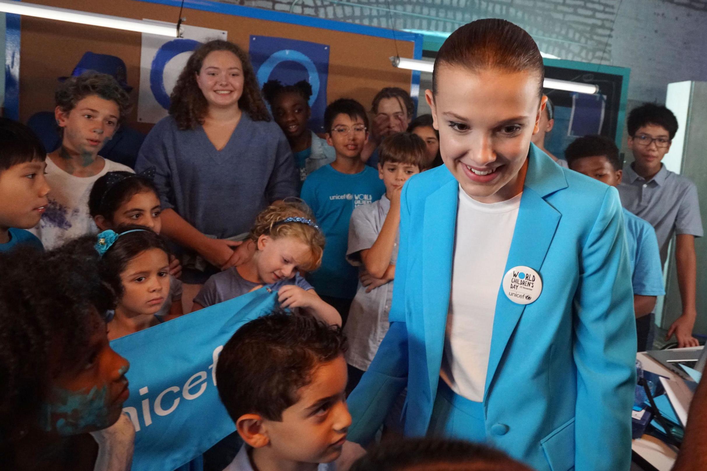 Millie Bobby Brown on the set of a video produced for World Children's Day 2018