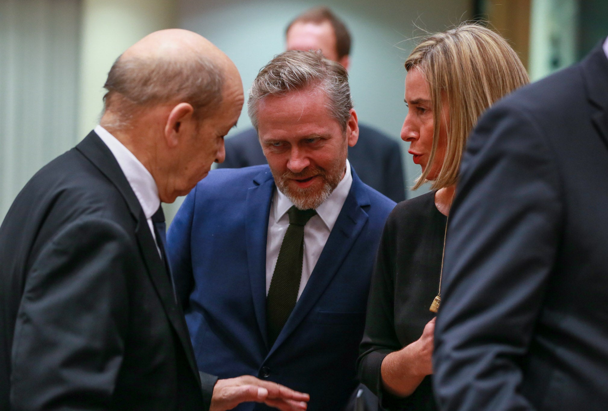 Ministers gather at the start of an EU foreign affairs council meeting in Belgium on Monday (EPA-EFE)