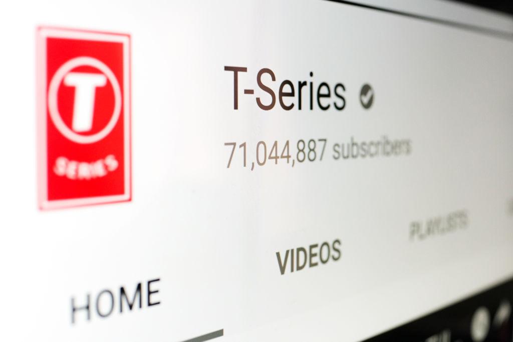 The YouTube channel homepage for Indian record label T-Series, which overtook controversial Swedish vlogger PewDiePie in 2019