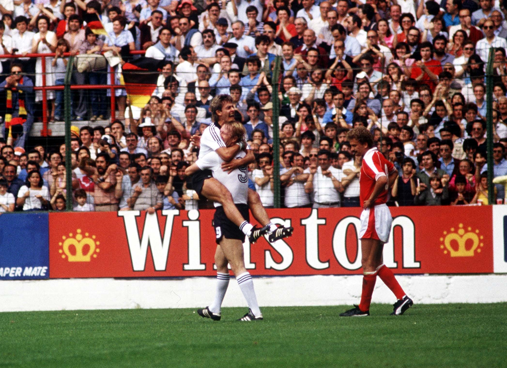 Horst Hrubesch celebrates scoring in West Germany’s controversial 1982 win against Austria