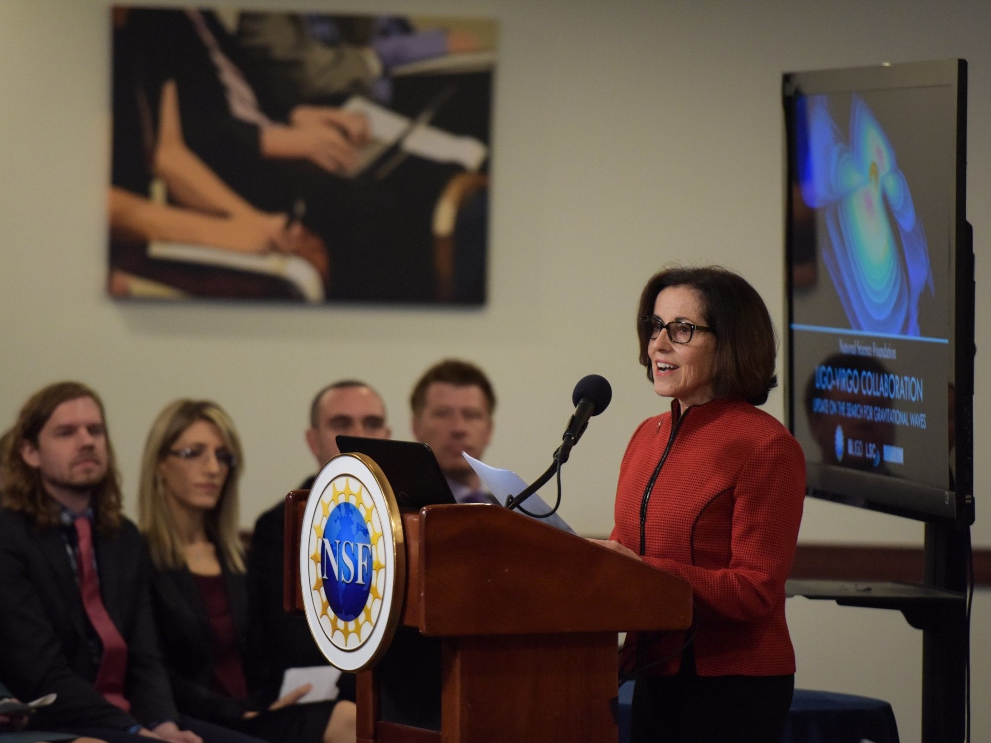 France Córdova, director of the US National Science Foundation, speaks at a news conference about an update on the search for gravitational waves