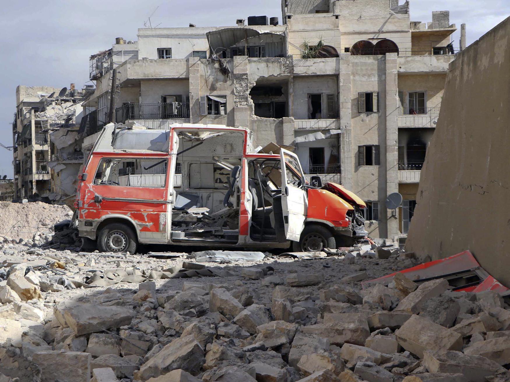 A destroyed medical van outside the Civil Defence main centre in Aleppo, Syria, 2016