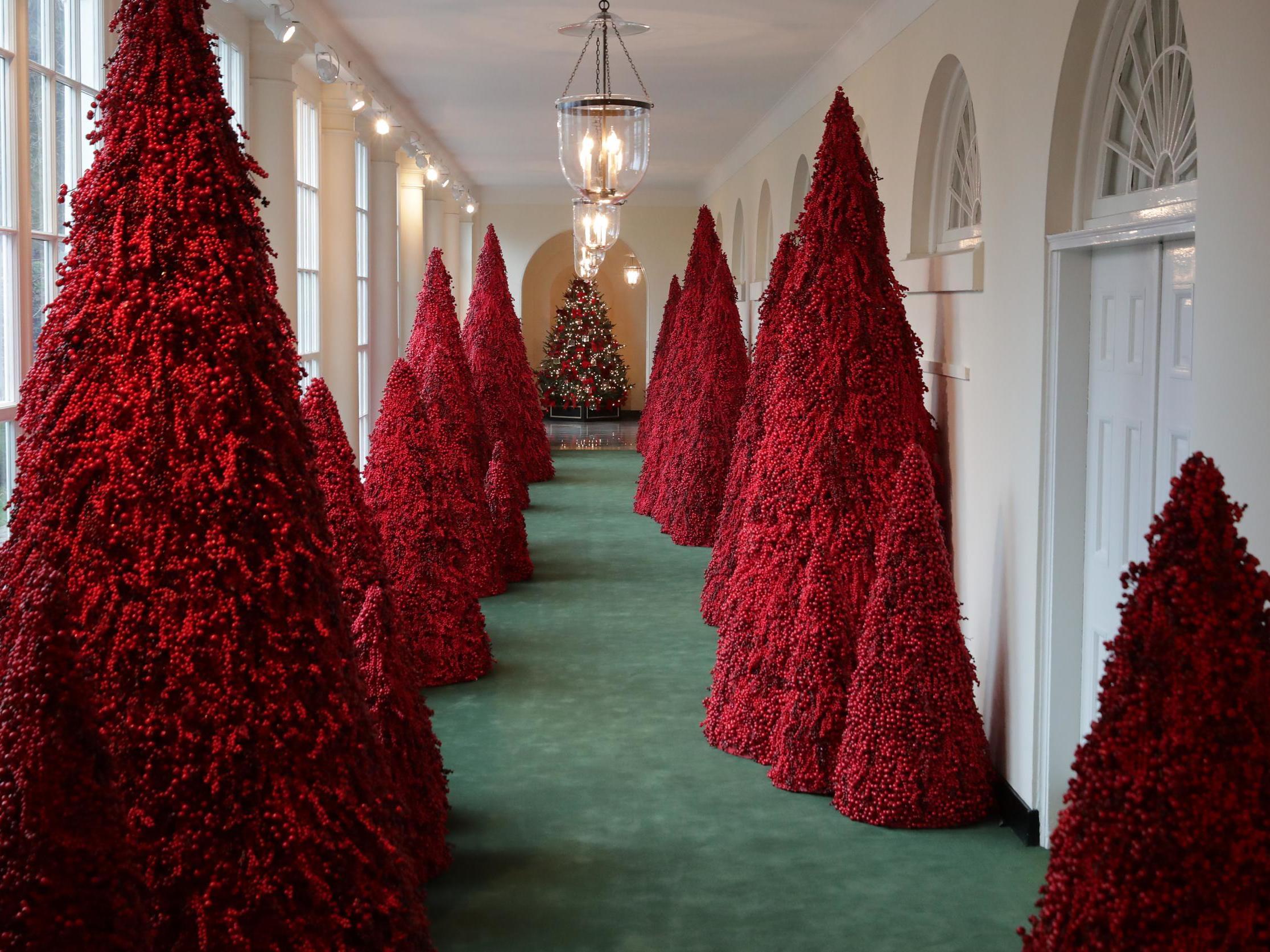 First lady's crimson White House tree decorations described by some as 'creepy'