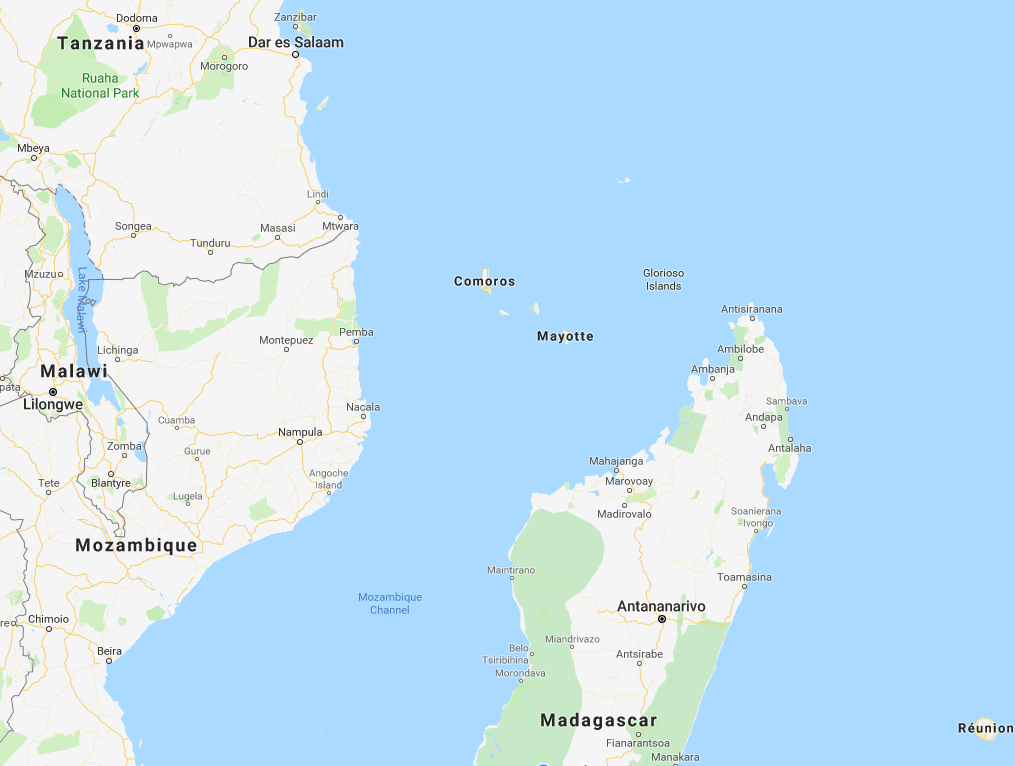 Mayotte lies between Tanzania and Madagascar