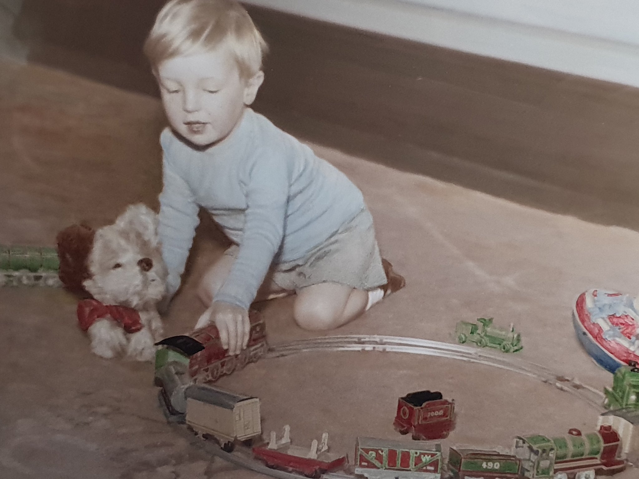 Colour bind: Robert with his railway set and the train painted red