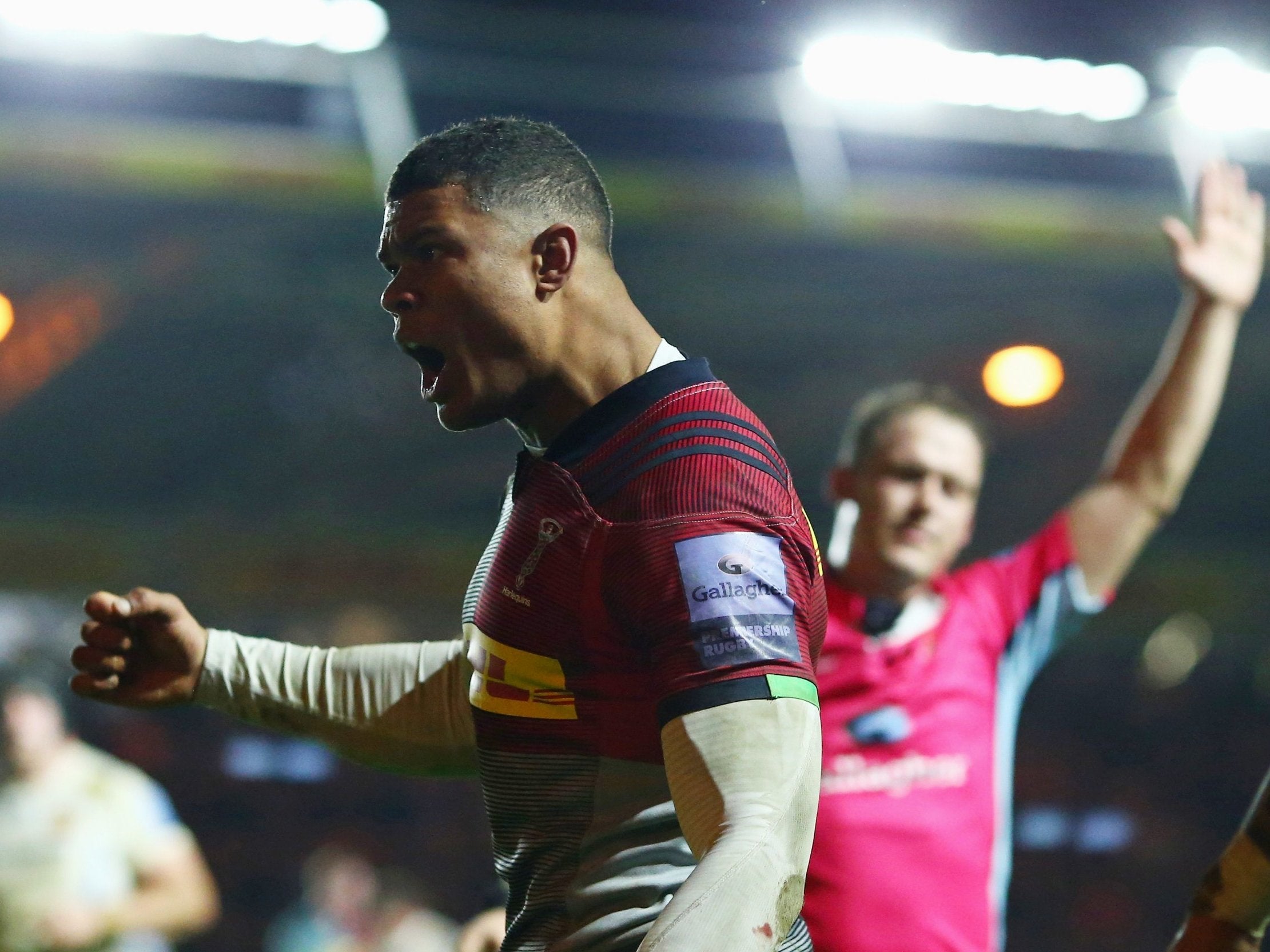 Nathan Earle celebrates scoring in Harlequins' victory over Exeter