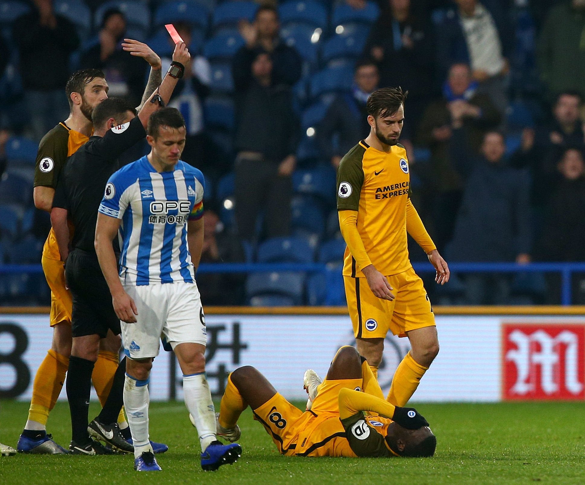 Steve Mounie was sent off after 32 minutes