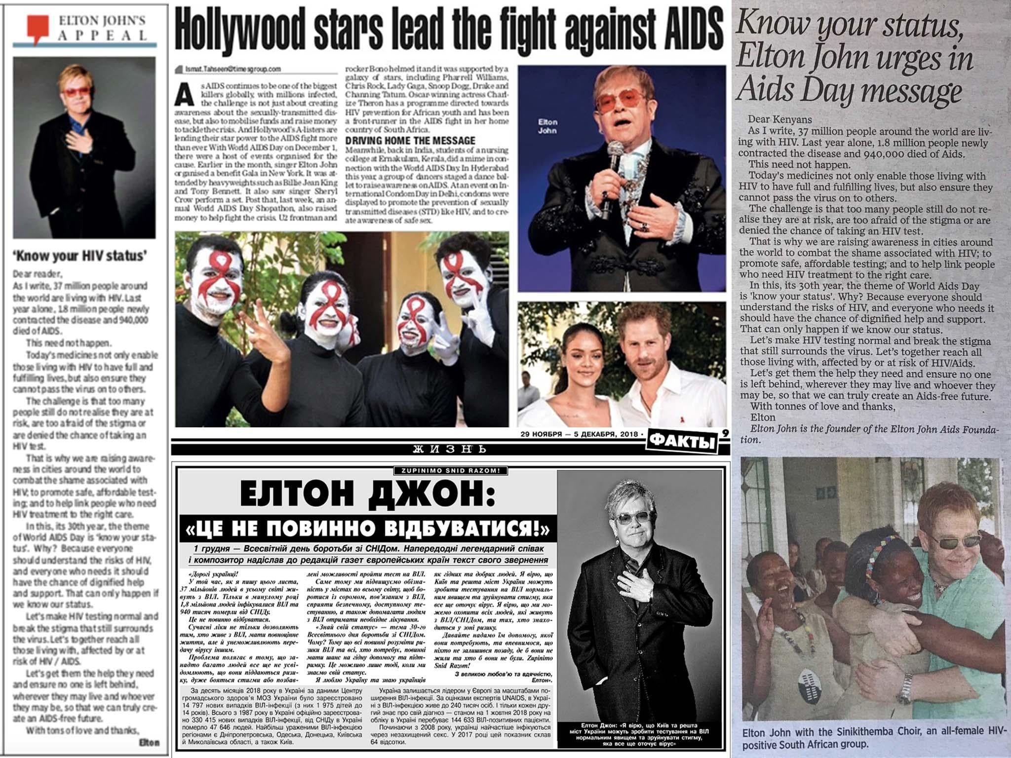 Newspapers around the world have featured our Christmas charity appeal with the Elton John Aids Foundation