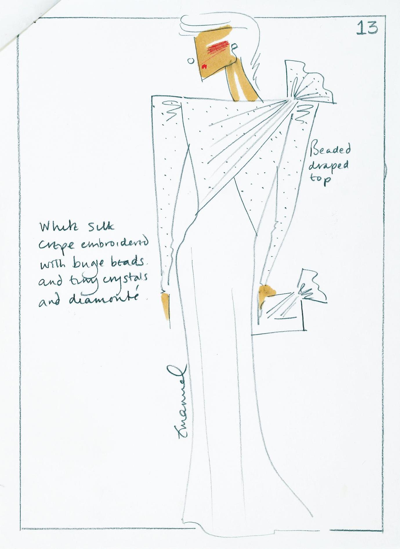 The sketch for the David and Elizabeth Emanuel dress worn by Princess Diana during her royal tour to the Gulf States in 1986