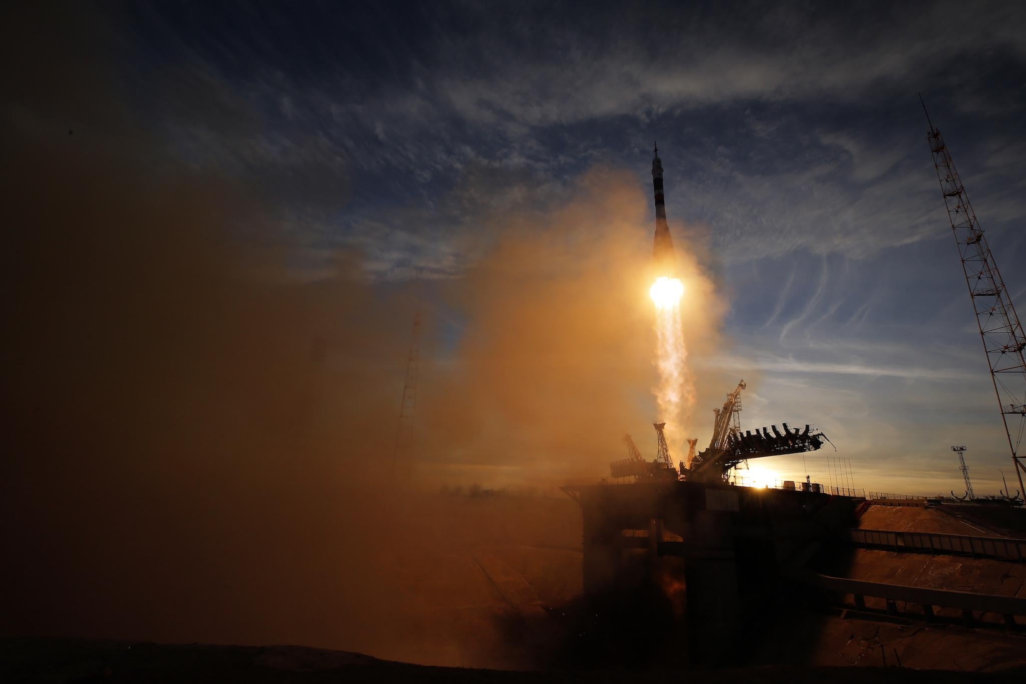 The Russian Soyuz booster rocket FG with Soyuz MS-11 spacecraft lifts off from the launch pad at Baikonur Cosmodrome in Kazakhstan