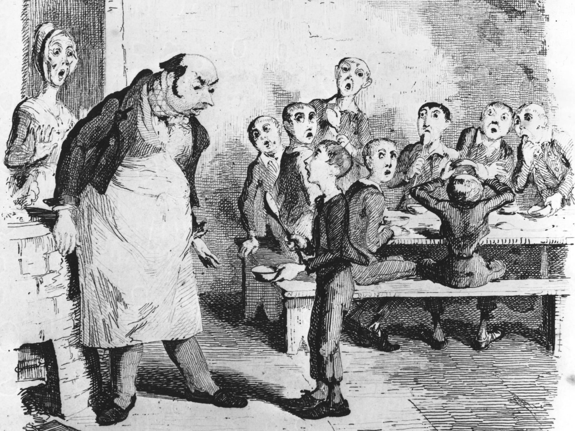 Oliver asks for more gruel to the horror of his peers. Illustration by George Cruikshank