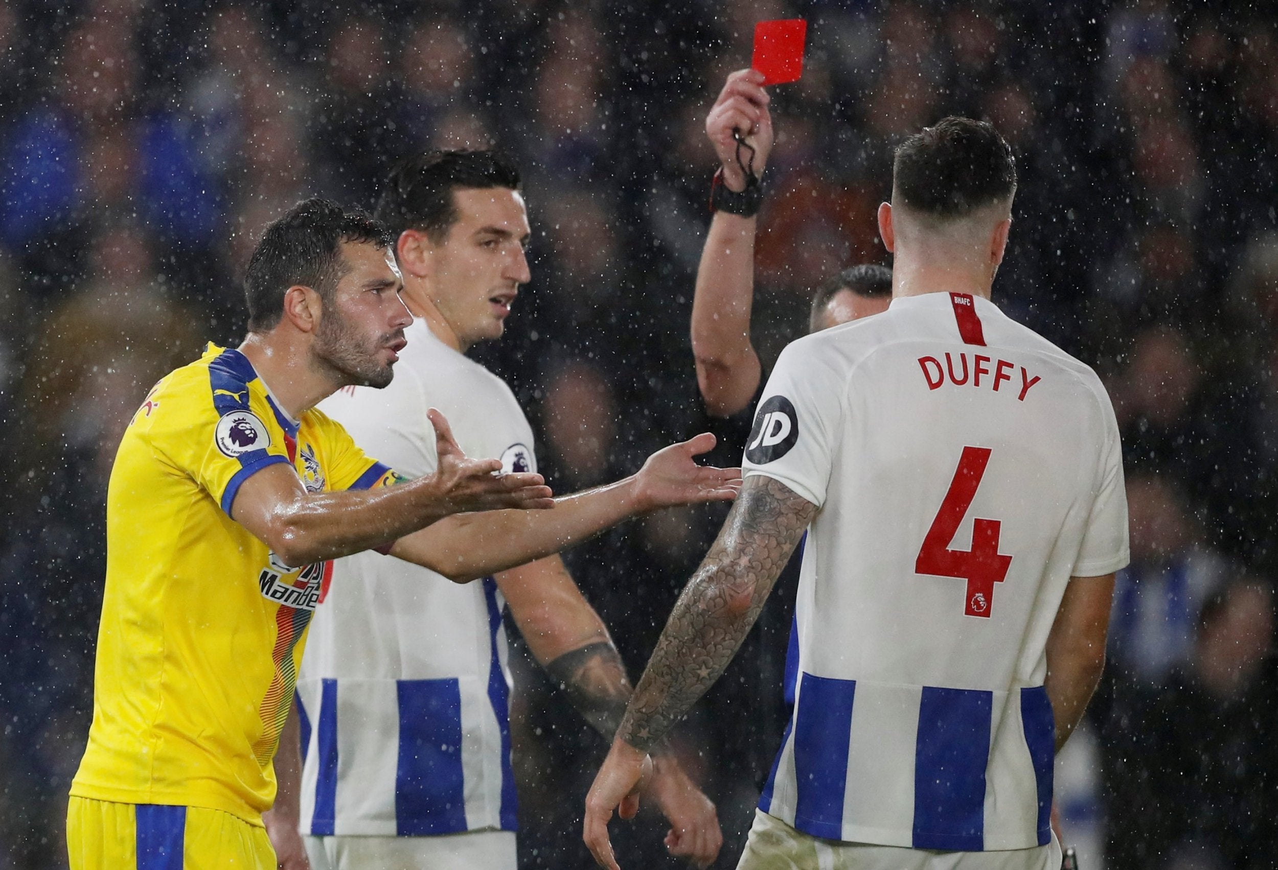 Shane Duffy was sent off after headbutting Patrick van Aanholt in the first half