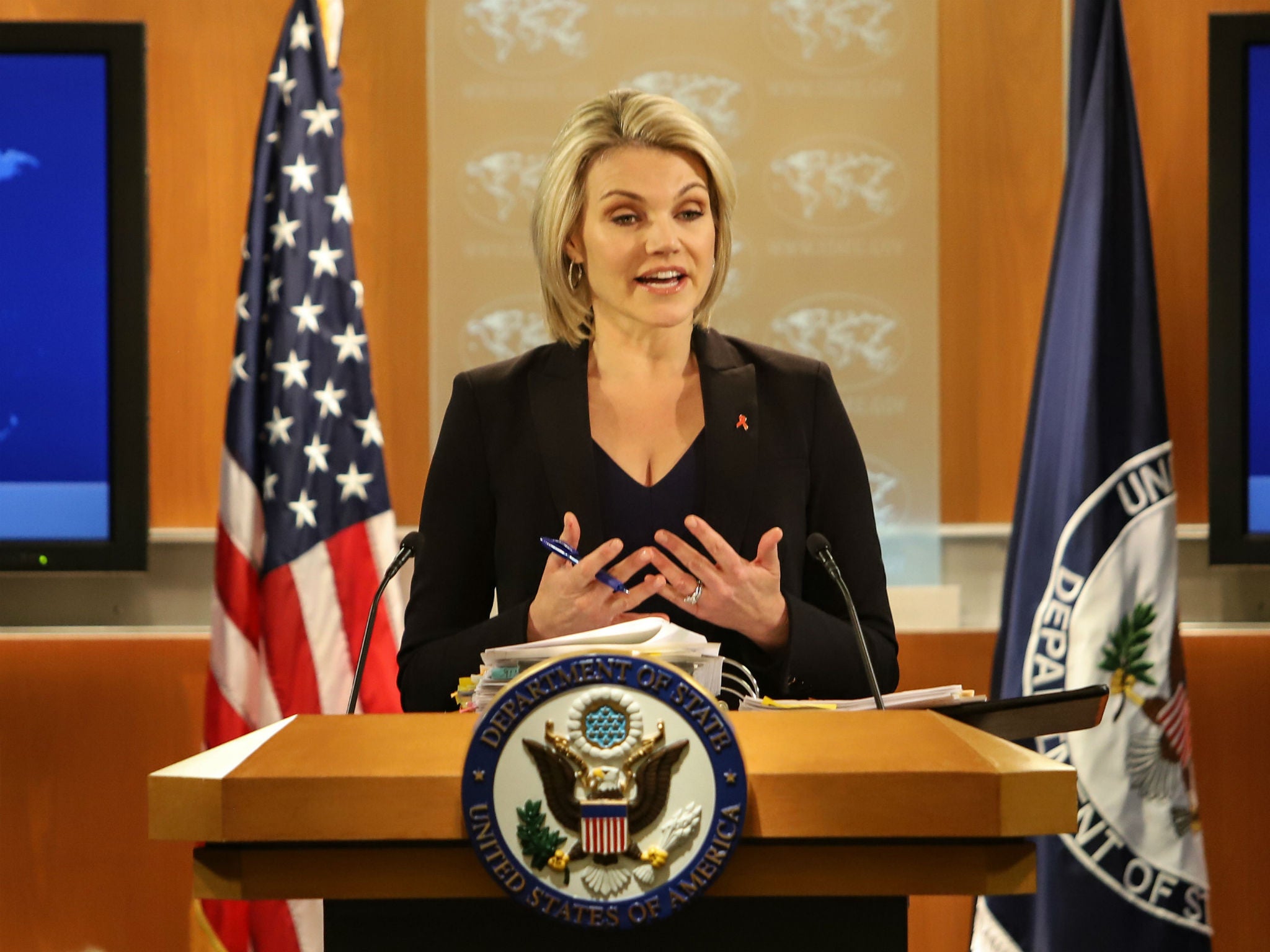 State Department spokesperson Heather Nauert speaks in the press briefing room