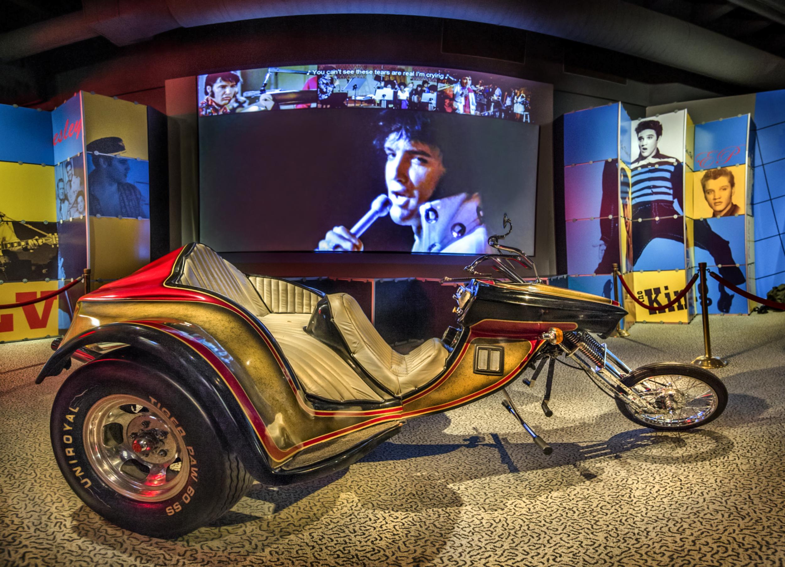 Elvis Presley's custom SuperTrike motorcycle, dating back to 1975, is displayed as part of the exhibit dedicated to the King. (Rock &amp; Roll Hall of Fame)