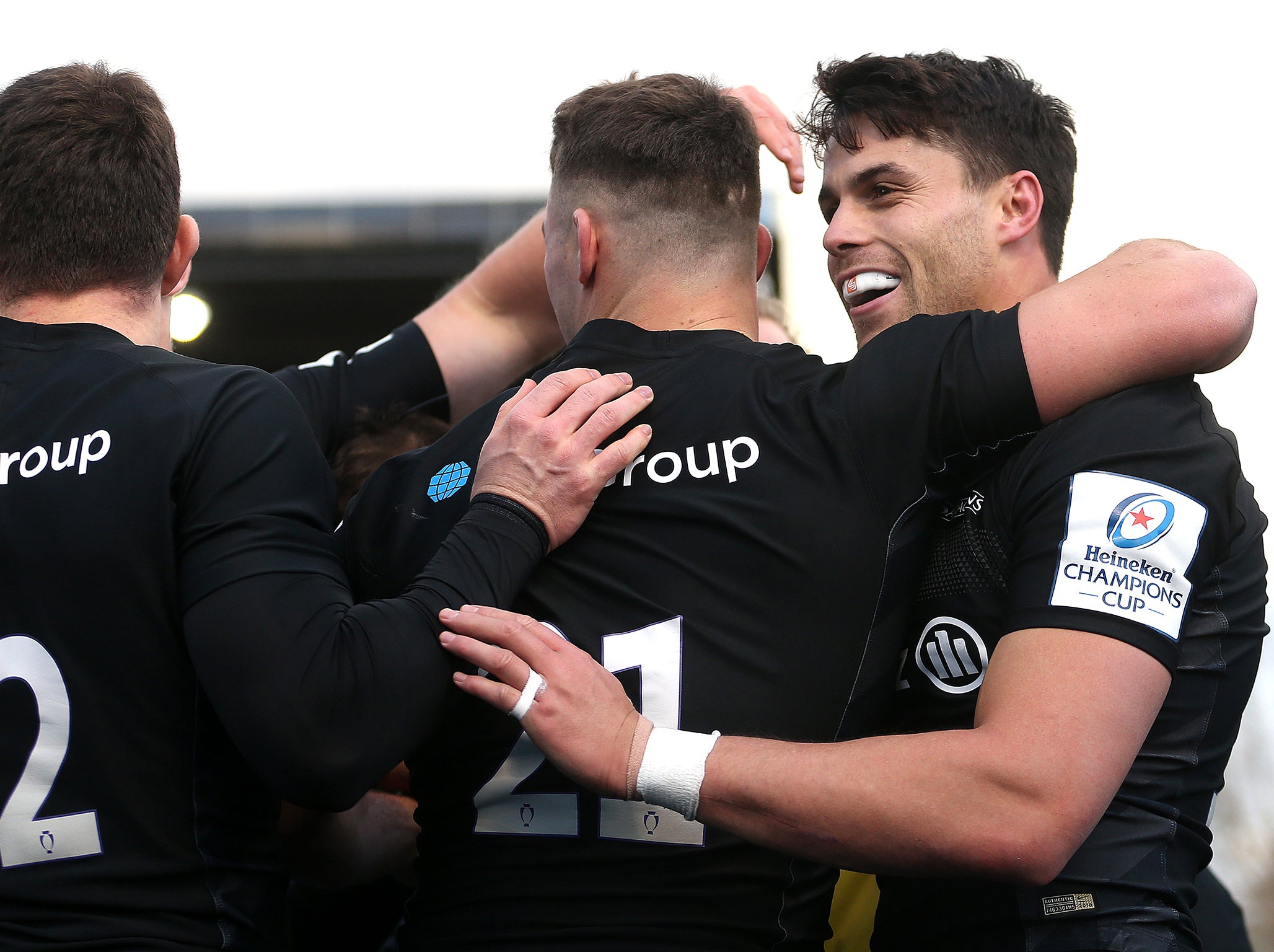 Sean Maitland celebrates scoring a try