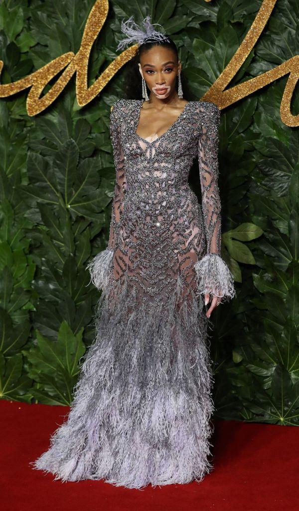 Winnie Harlow wore a feathery silver gown for the occasion