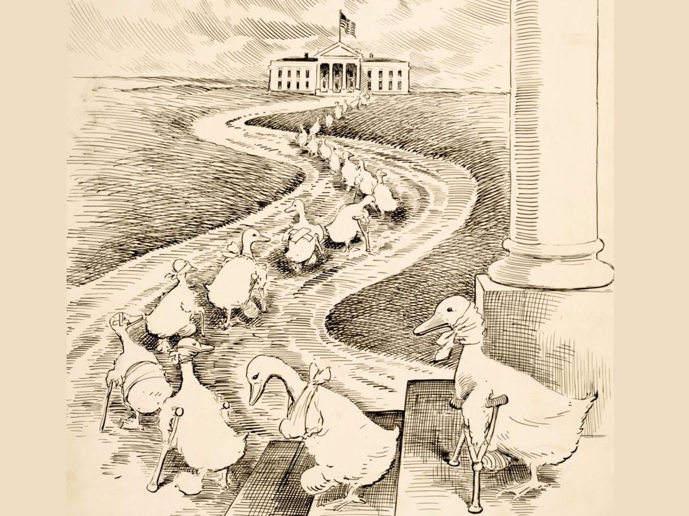 Lame duck Democrats limp back to Woodrow Wilson’s White House in this 1915 cartoon by Washington Star political cartoonist Clifford K Berryman