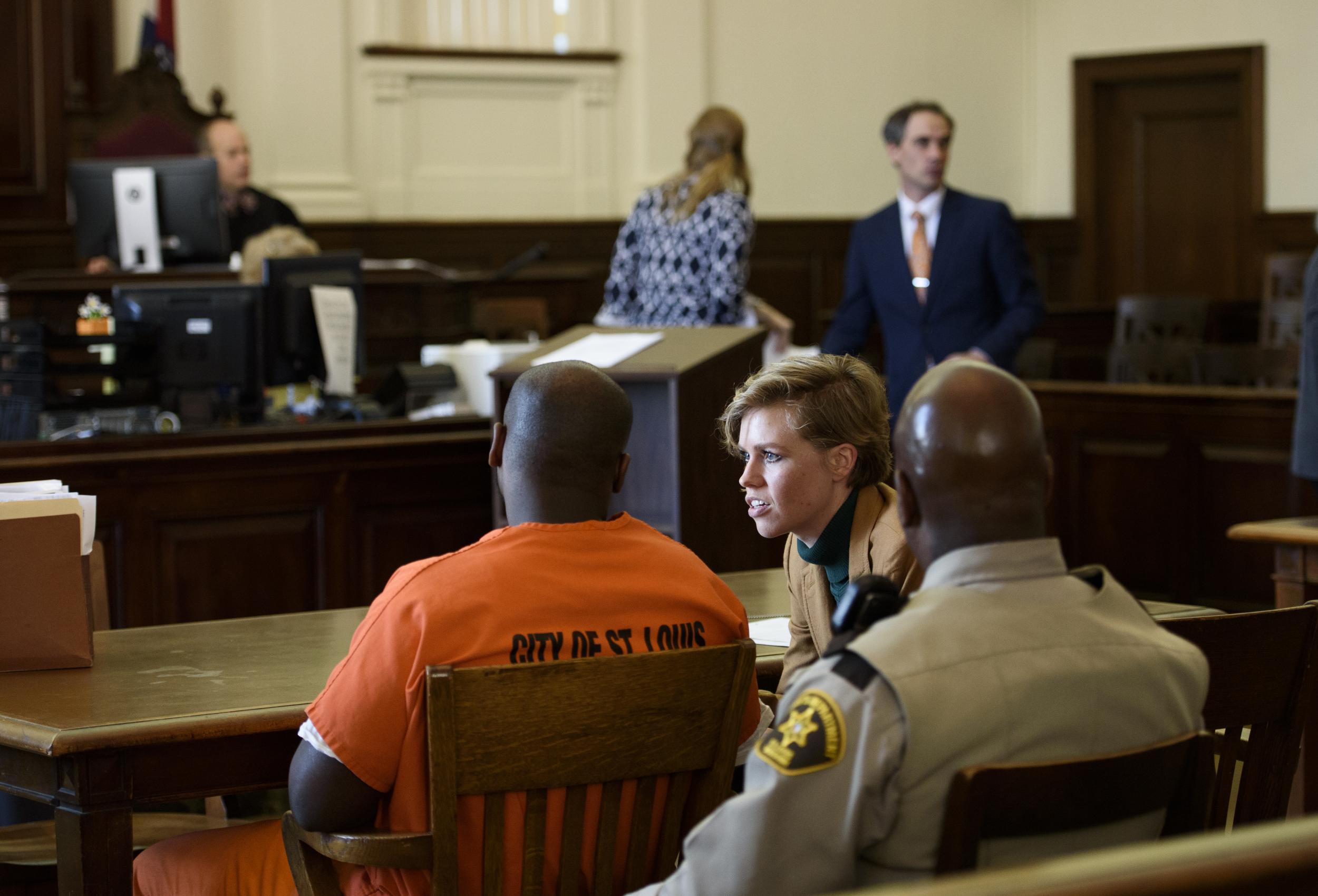 Victor Whittier, left, talks with defence attorney Erika Wurst during his sentencing hearing in St Louis in November. He was convicted of first-degree murder