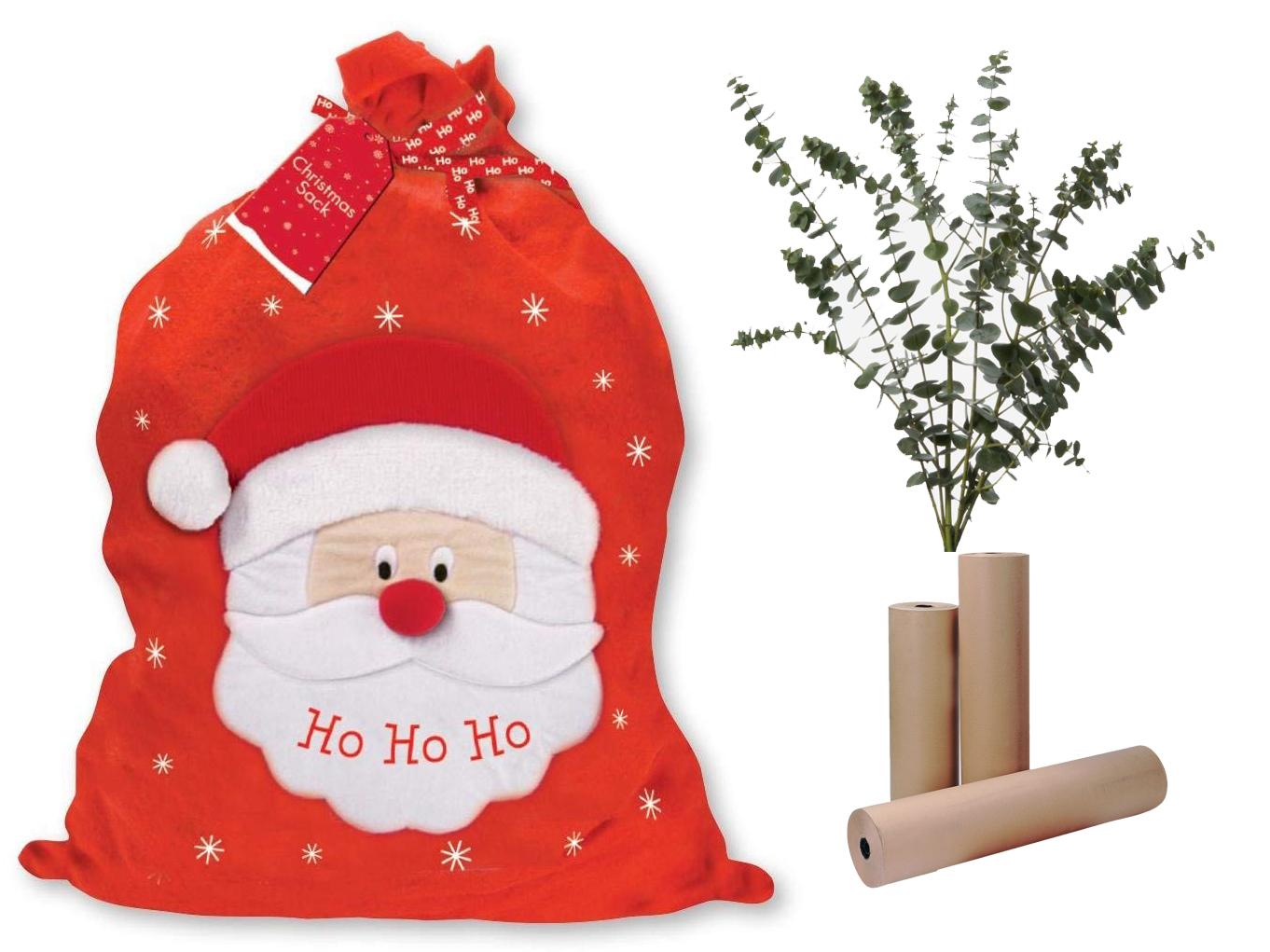 Wow Party Supplies large Christmas gift sack, £4.98; Flowerbx green baby blue eucalyptus foliage, £35; Staples kraft brown paper, £1.93.