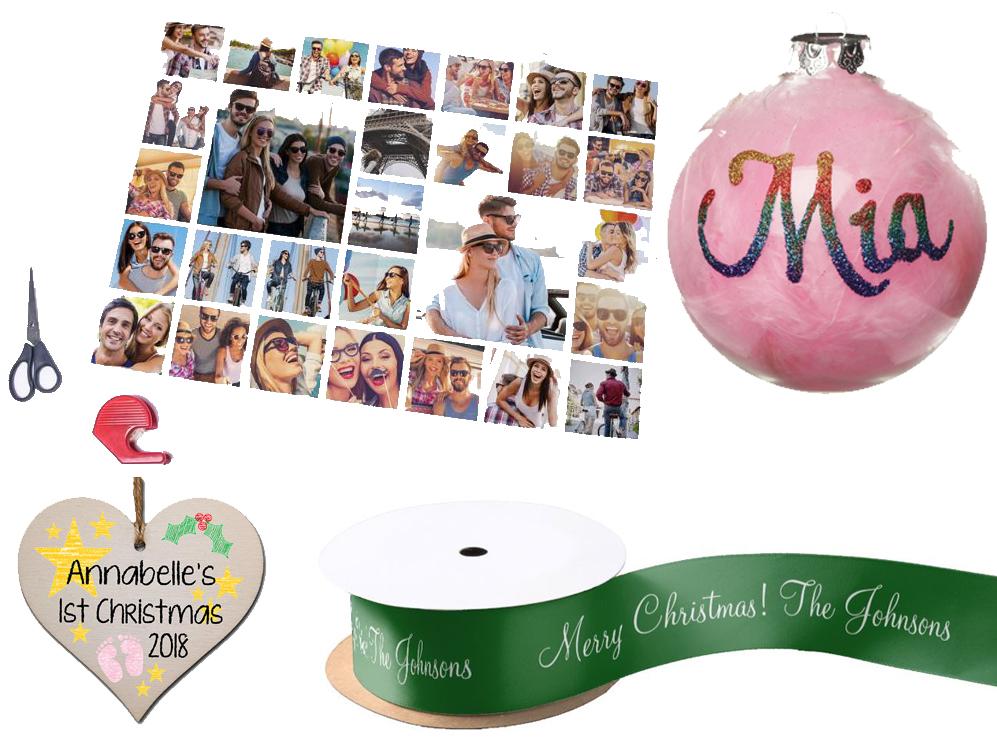 Getting Personal multi photo upload wrapping paper, £4.99; Gift In Can personalised handmade Christmas hanging wooden heart plaque, £3.49; Amazon pink feather clear glass personalised Christmas bauble, £16.25; Zazzle personalised green Merry Christmas gift ribbon, £8.15 per spool.