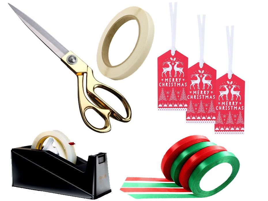 Scotch table top C10 dispenser, £9.63; AKORD tailoring scissors, £8.43; Double-sided sticky tape, pack of six, £5.70; Paperchase Scandi gift tags – set of five, £1.50; Tatuo satin ribbon – 100 yards, £10.00.