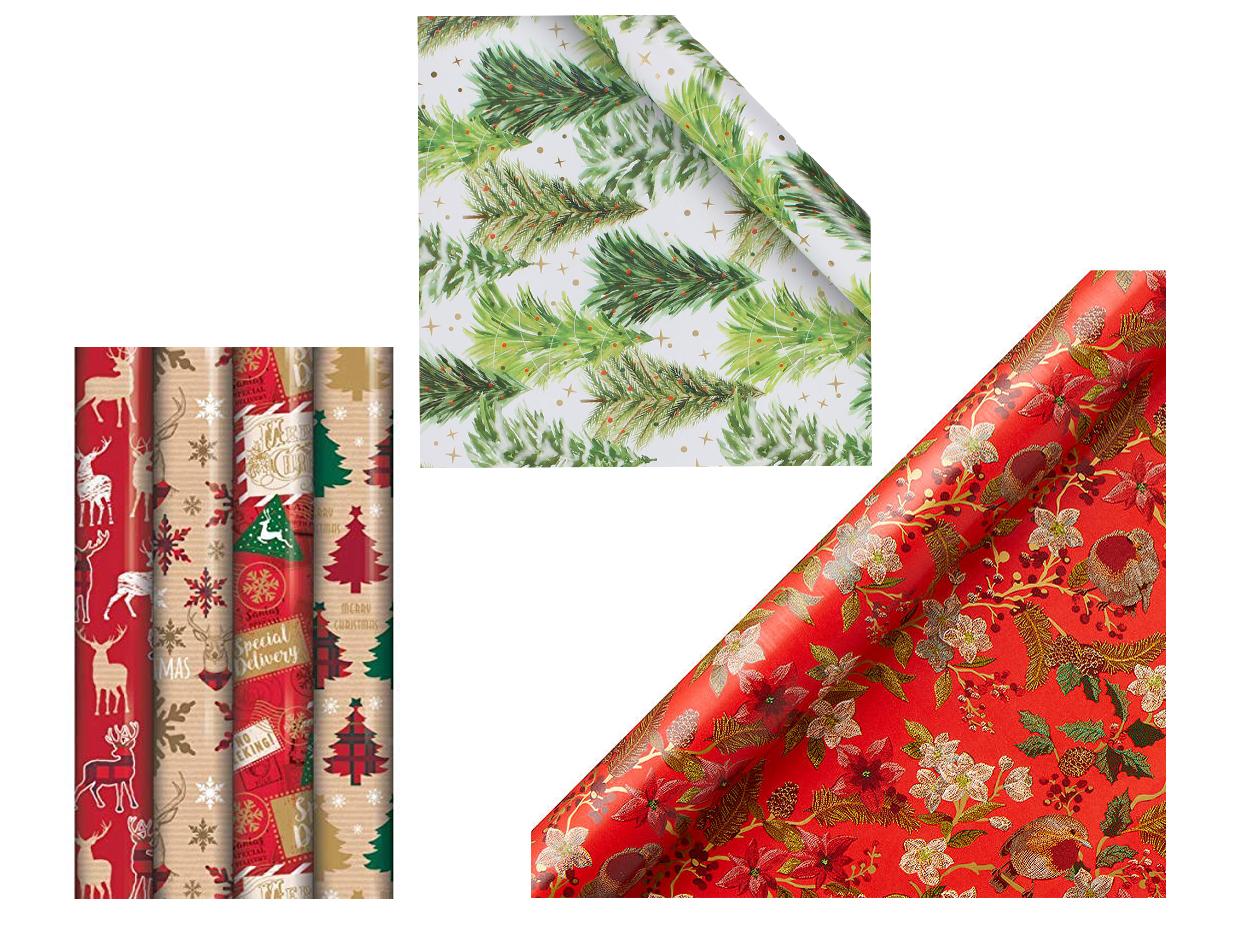 Eurowrap eight metre-long rolls of Christmas gift wrap, £9.99; Paperchase classic Christmas tree wrapping paper, £3.75; John Lewis &amp; Partners Ruby tapestry gift wrap, £5.