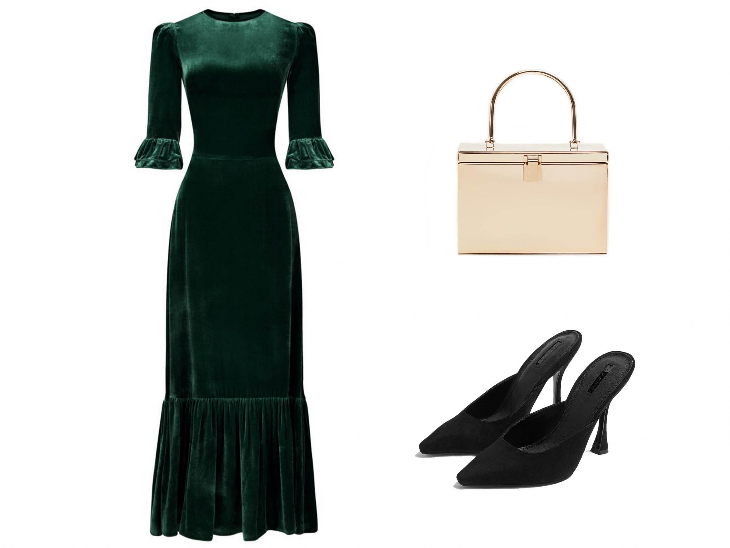 Emerald Velvet ¾ Festival Dress, £970, The Vampires Wife; Metal Coffer Bag, £69.99, Mango; Gloss Pointed Mules, £15, Topshop