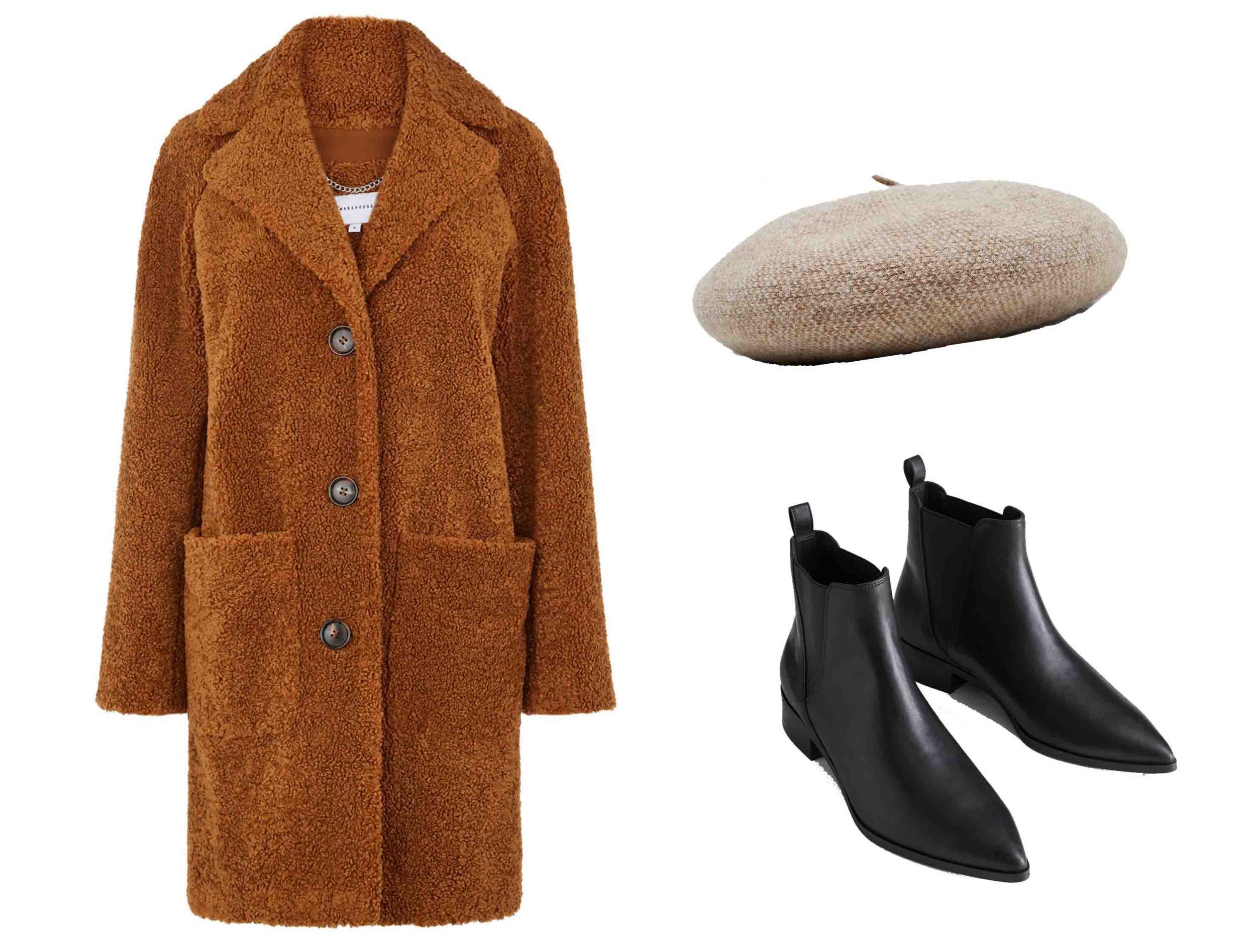 Teddy Bear Faux Fur Coat, £89, Warehouse; Leather Chelsea Boots, £110, & Other Stories; Wool Beret, £15.99, Zara
