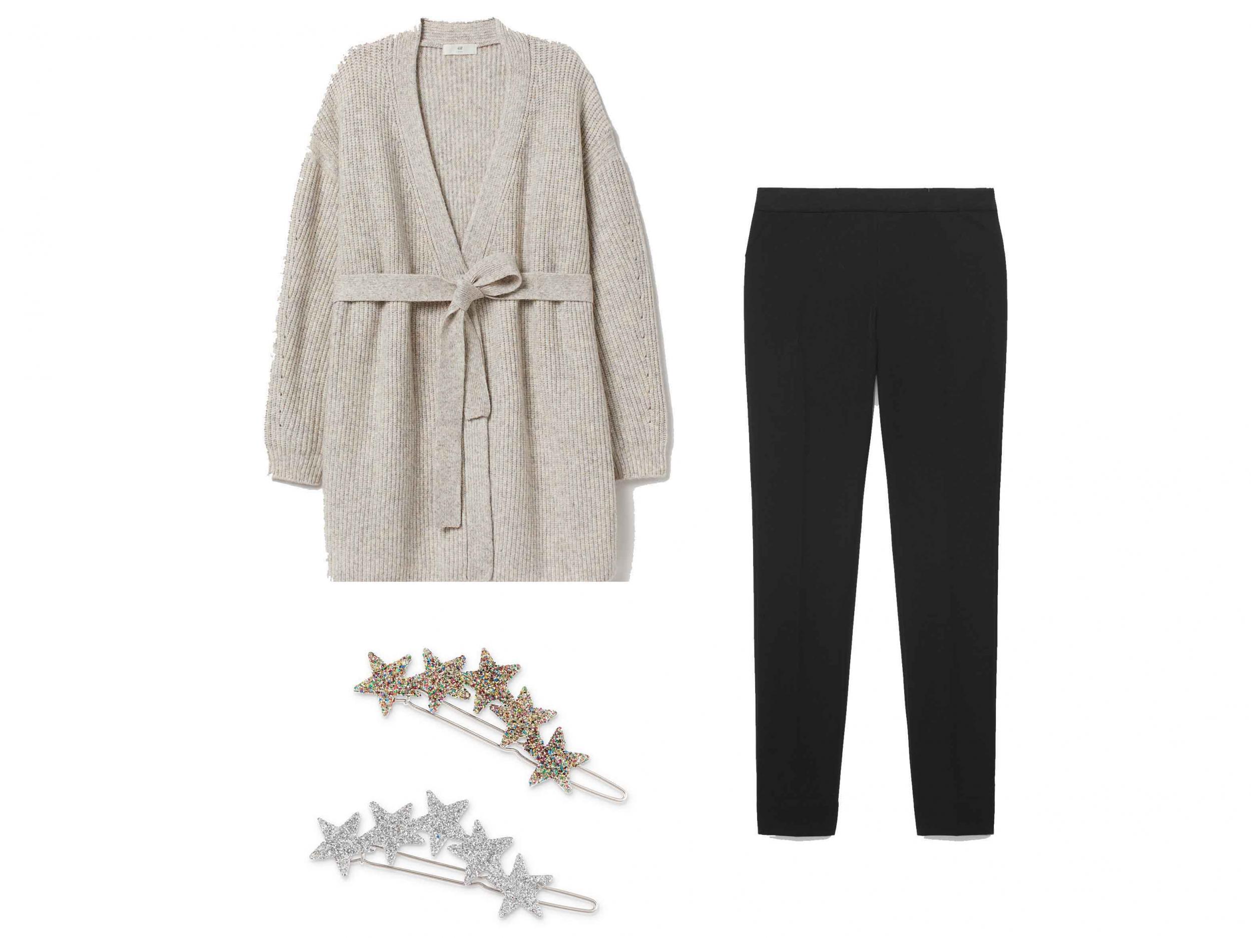 Cardigan with a Tie Belt, £34.99, H&M; Elastic Waist Stretch Trousers, £59, Cos; Shooting Stars Glitter Hair Clips, £9.50, Oliver Bonas