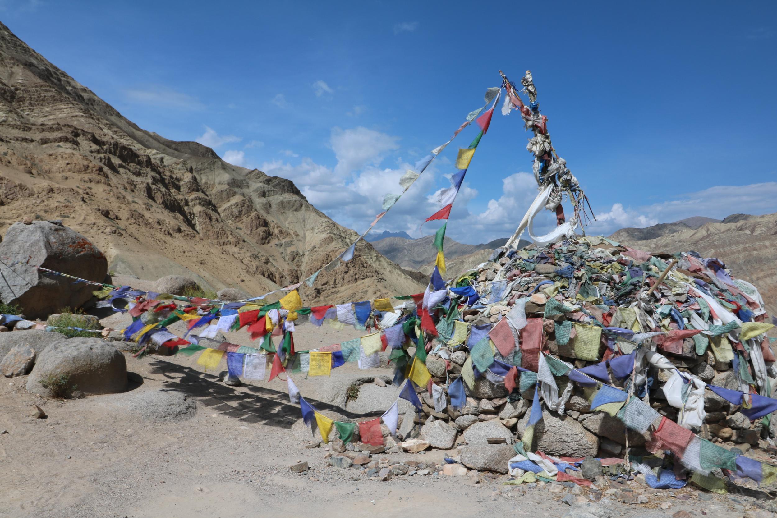 Prayer flags flutter in the breeze