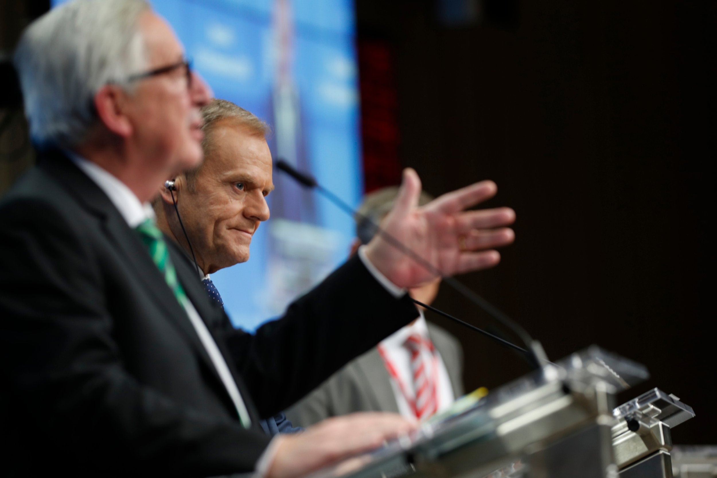 European Commission president Jean-Claude Juncker and European Council president Donald Tusk at a midnight press conference following the meeting