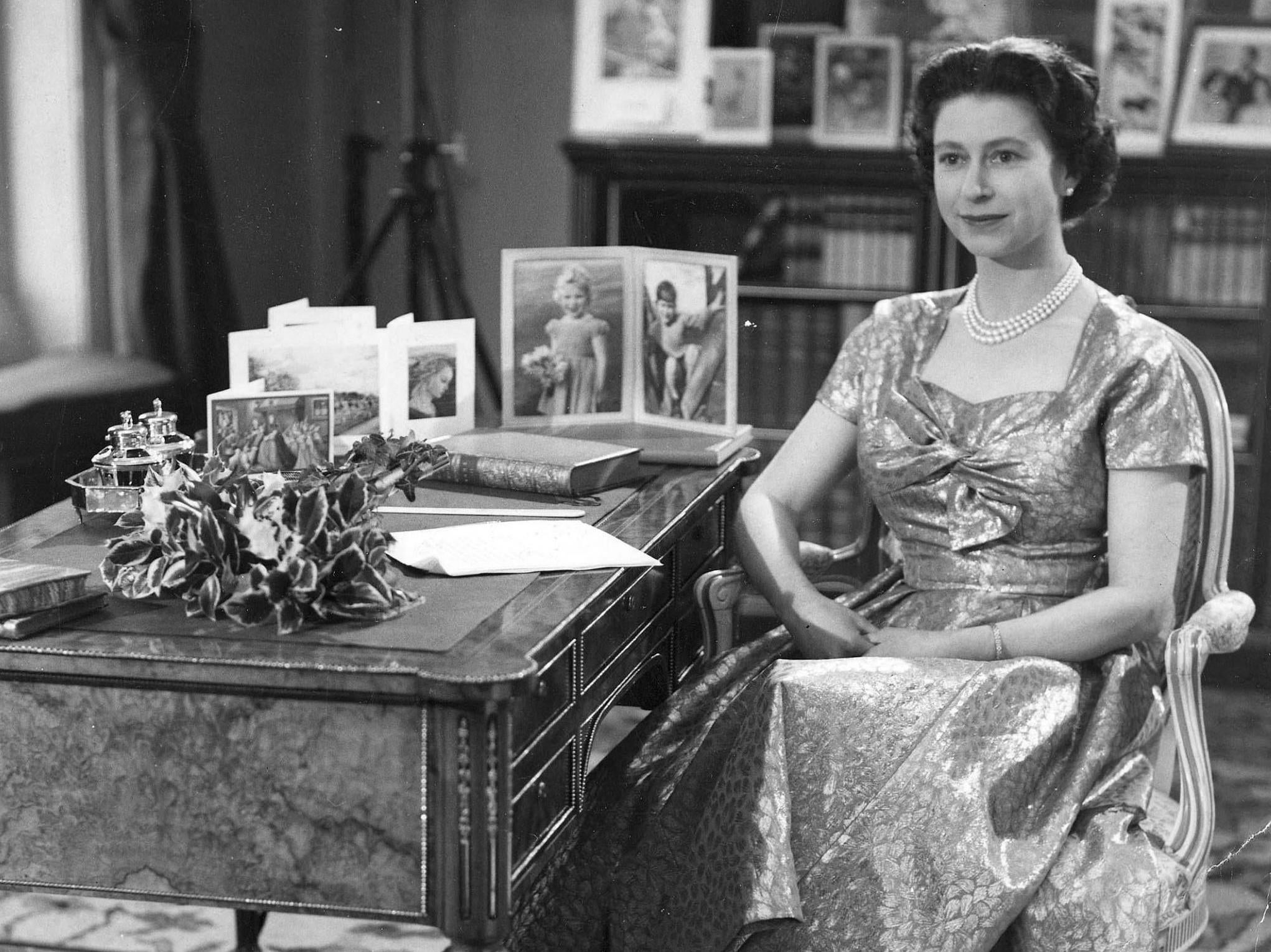 Queen Elizabeth II preparing for her first televised Christmas message in 1957