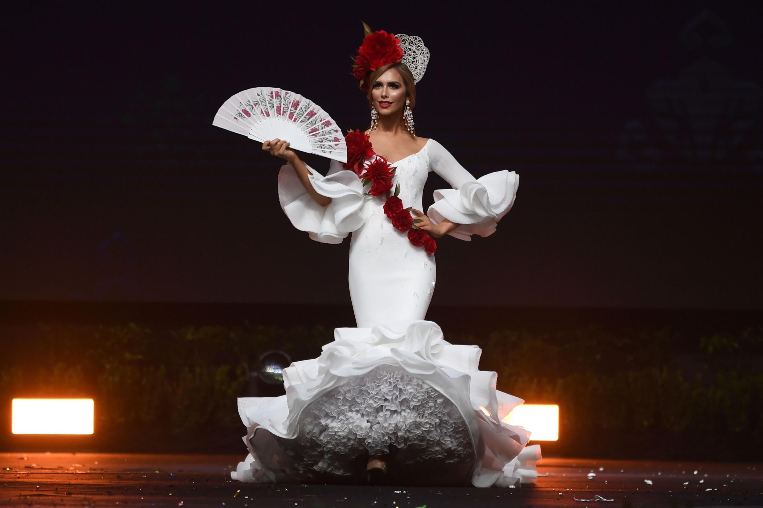 Angela Ponce wearing a traditional Spanish ‘bata de cola’ during the Miss Universe pageant