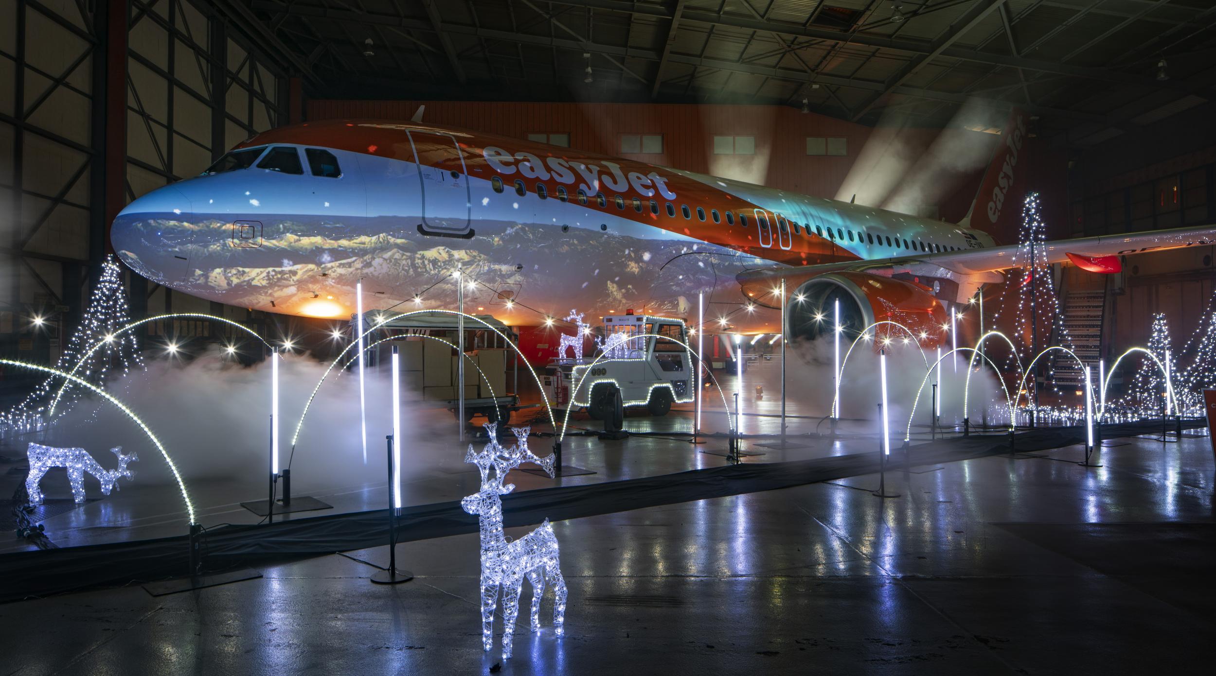 Glowing reindeer stand guard in front of the festive jet