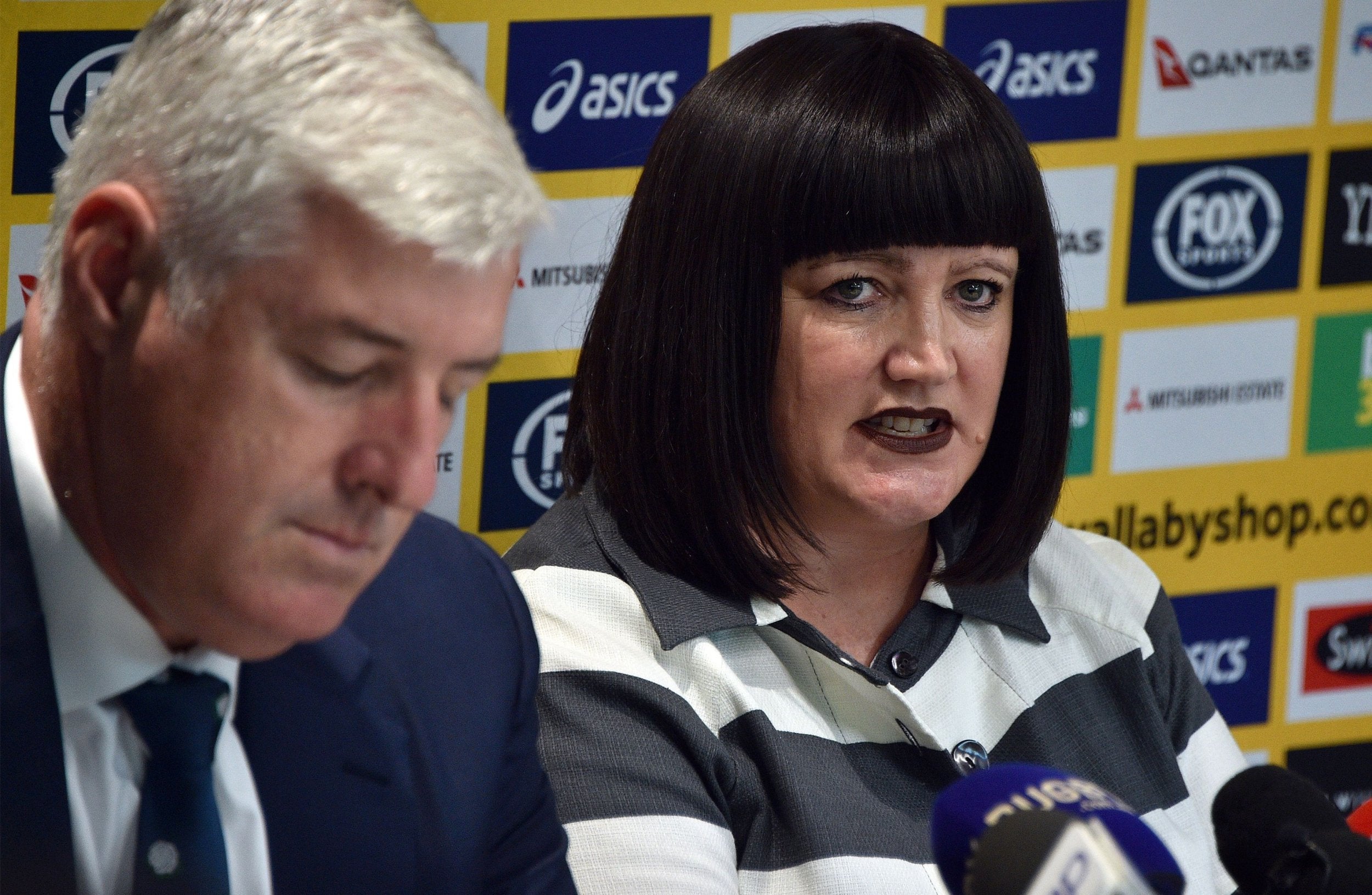 Rugby Australia chief executive Raelene Castle (R) speaks beside chairman Cameron Clyne after announcing Johnson's appointment