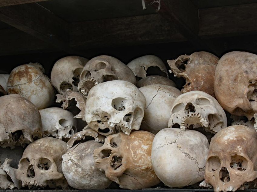 Skulls of those murdered by the Pol Pot regime in the Cambodian Killing Fields form a shrine to the dead